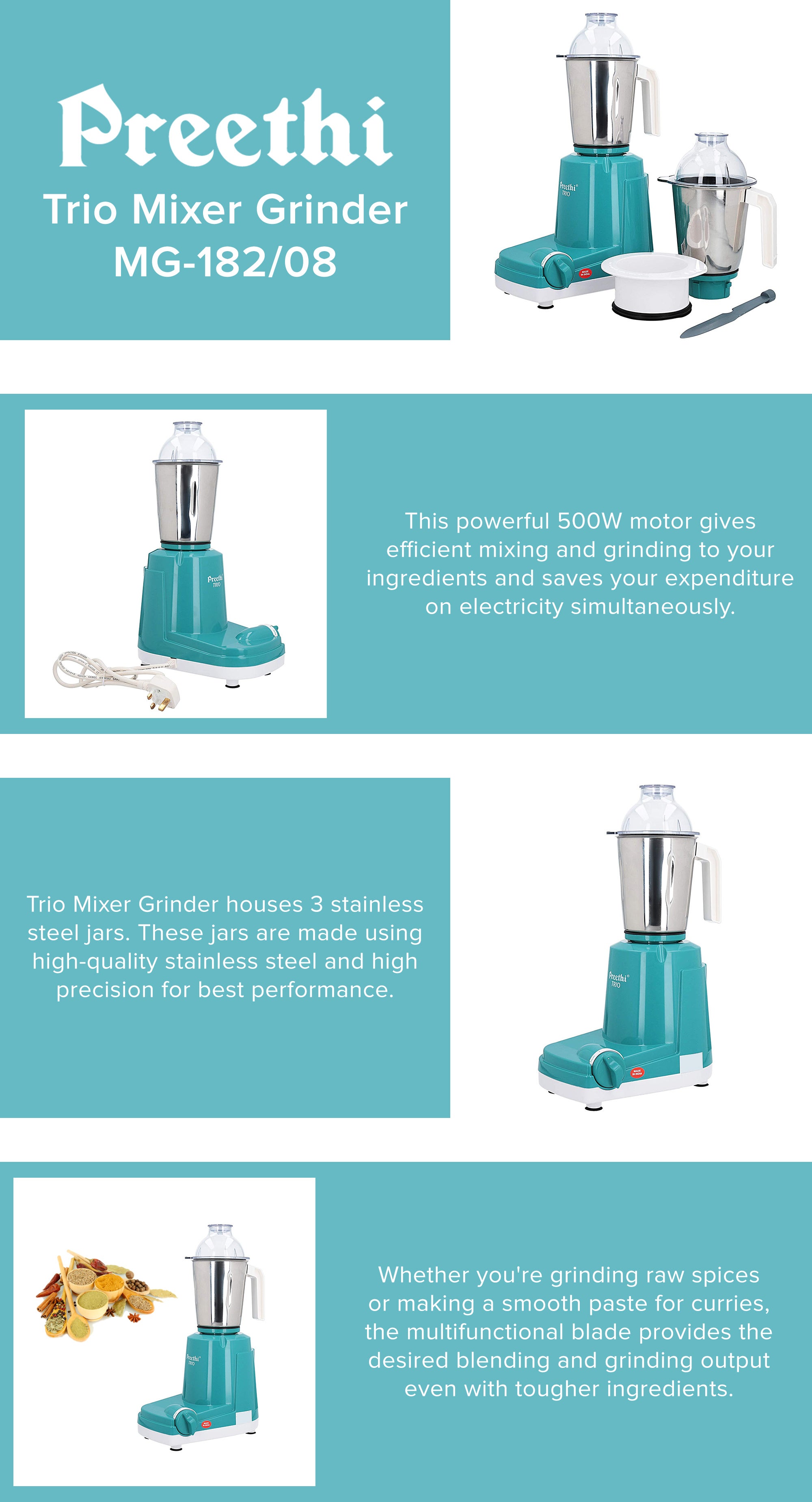 Trio Mixer Grinder with Stainless Steel Jars & Blades PREETHI-MG-182/08 Green/White