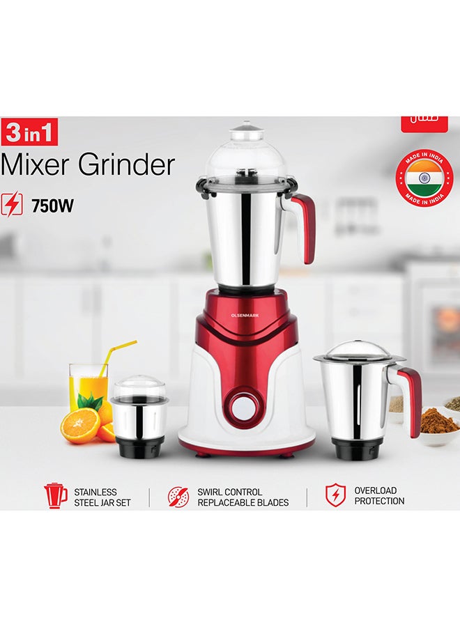 3-In-1 Mixer Grinder, 3-Speed With Incher And Overheat Protection, Stainless Steel Jars And Blades 0 L 750 W OMSB2427K Multicolour