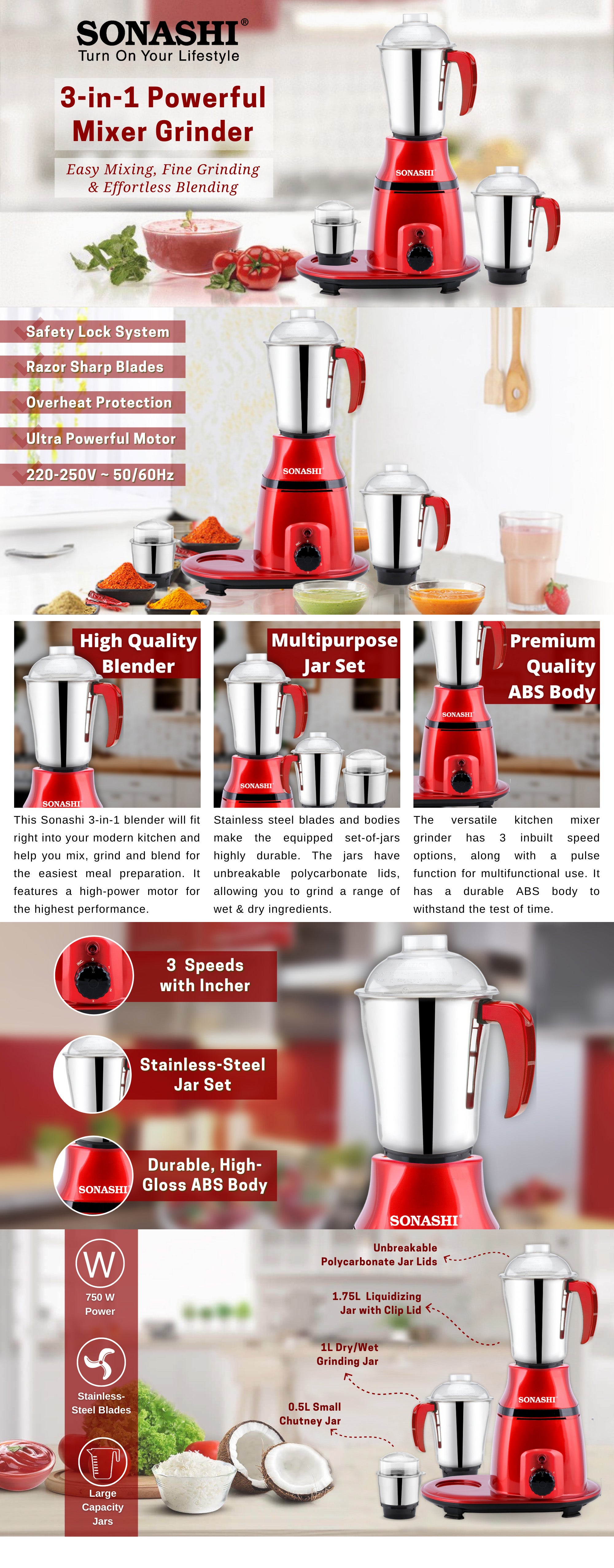 3-in-1 Mixer Grinder with Copper Motor - 3 Speed, 3 Stainless Steel 1.75L 1.0 L Dry And 0.5L Jars for Wet/Dry Grinding Liquidizing with Durable Lids 750 W SB-193 Red