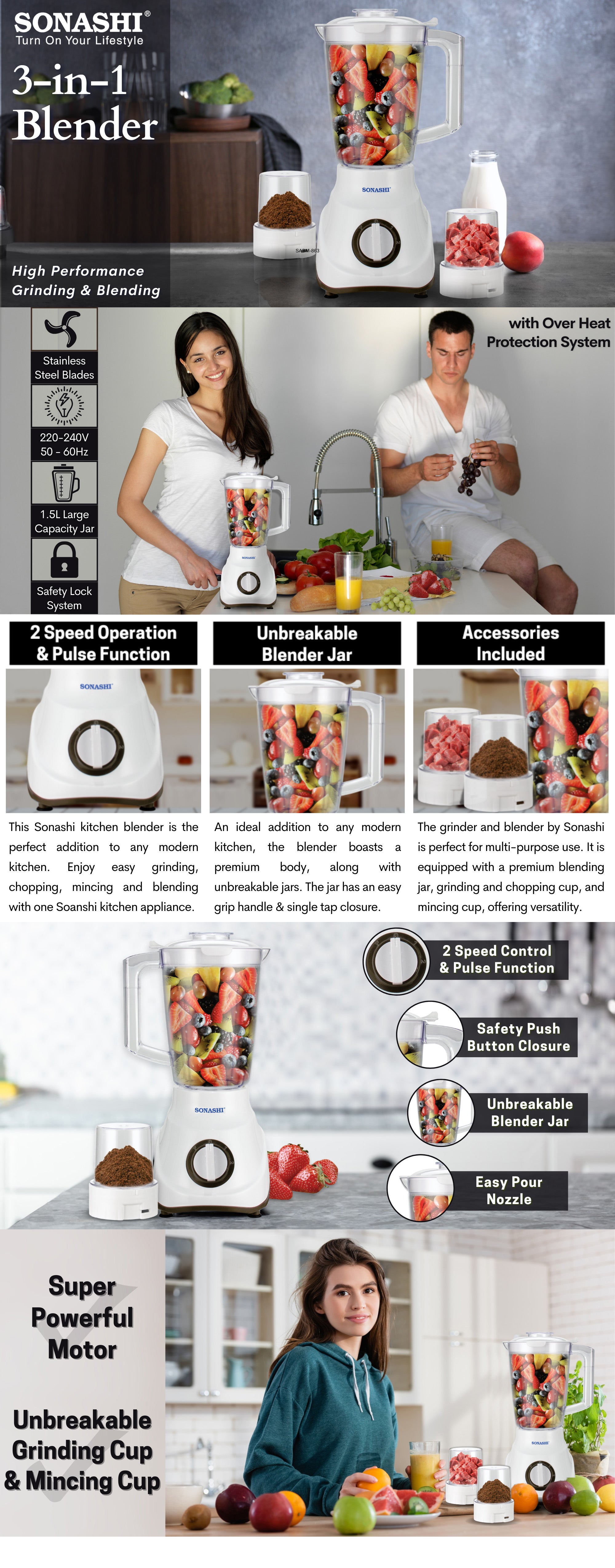 3-in-1 Blender / Grinder & Mincer | 600W |1.8L Unbreakable Jar, Grinding & Chopping Cups |6 Pcs Stainless Steel Blades, 2-Speed & Pulse Setting | Overheat Protection| Best for Spice Grinding, Smoothie Making, Mincing & Blending | SB-195 Black 1.5 L 600 W SB-195 Black