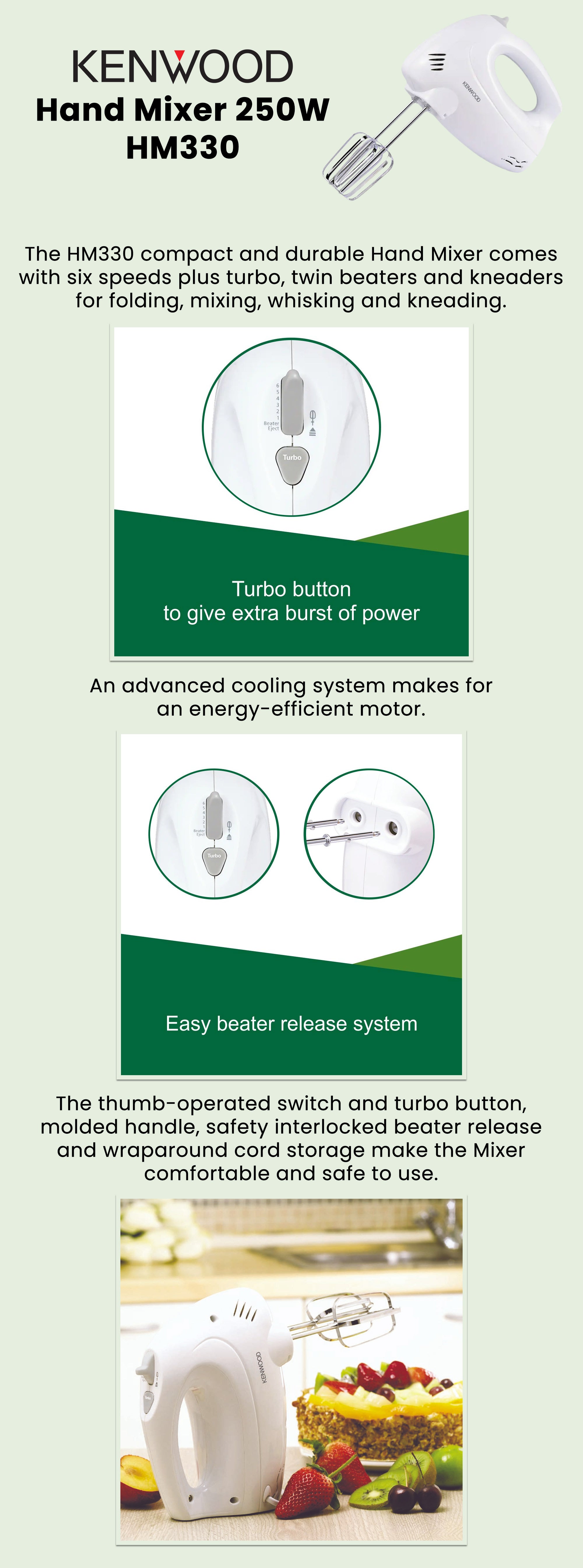 Hand Mixer, 6 Speeds, Turbo Function, 2 Beaters, 2 Dough Hooks, 250 W HM330 White