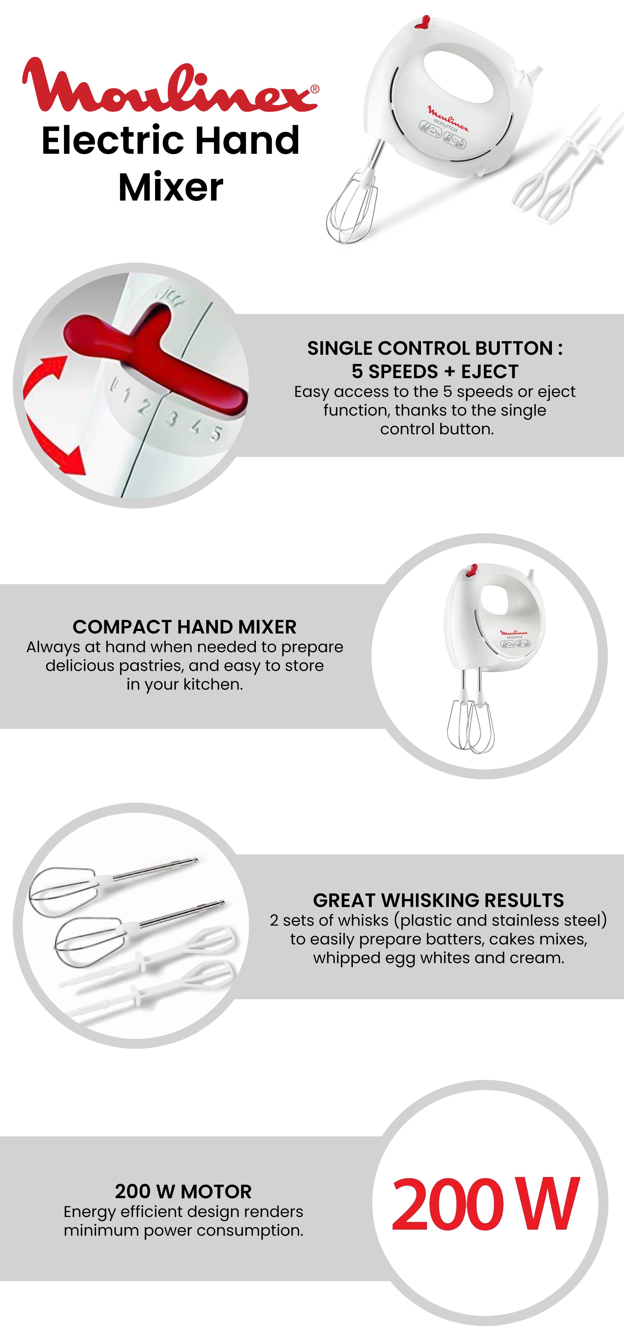 Hand Mixer | Easy Max Hand Mixer | 5 speeds |  Plastic/Stainless Steel | 200 W HM250127 | HM2501B1 White / Red