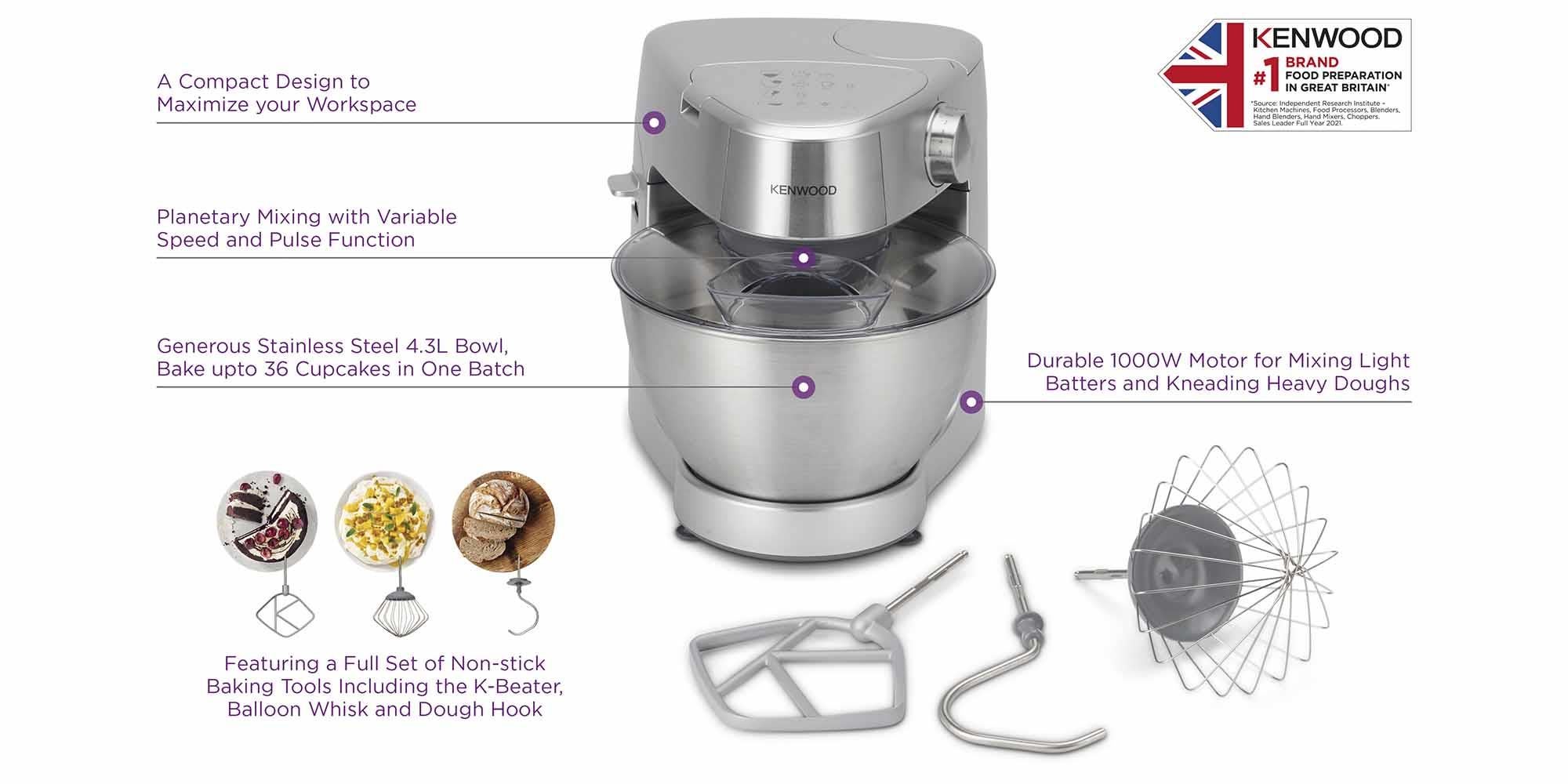 Kitchen Machine, Stainless Steel Bowl, Prospero 3 Attachments, Variable Speed, K-Beater, Whisk, Dough Hook, 4.3 L 1000 W KHC29A.A0SI Silver