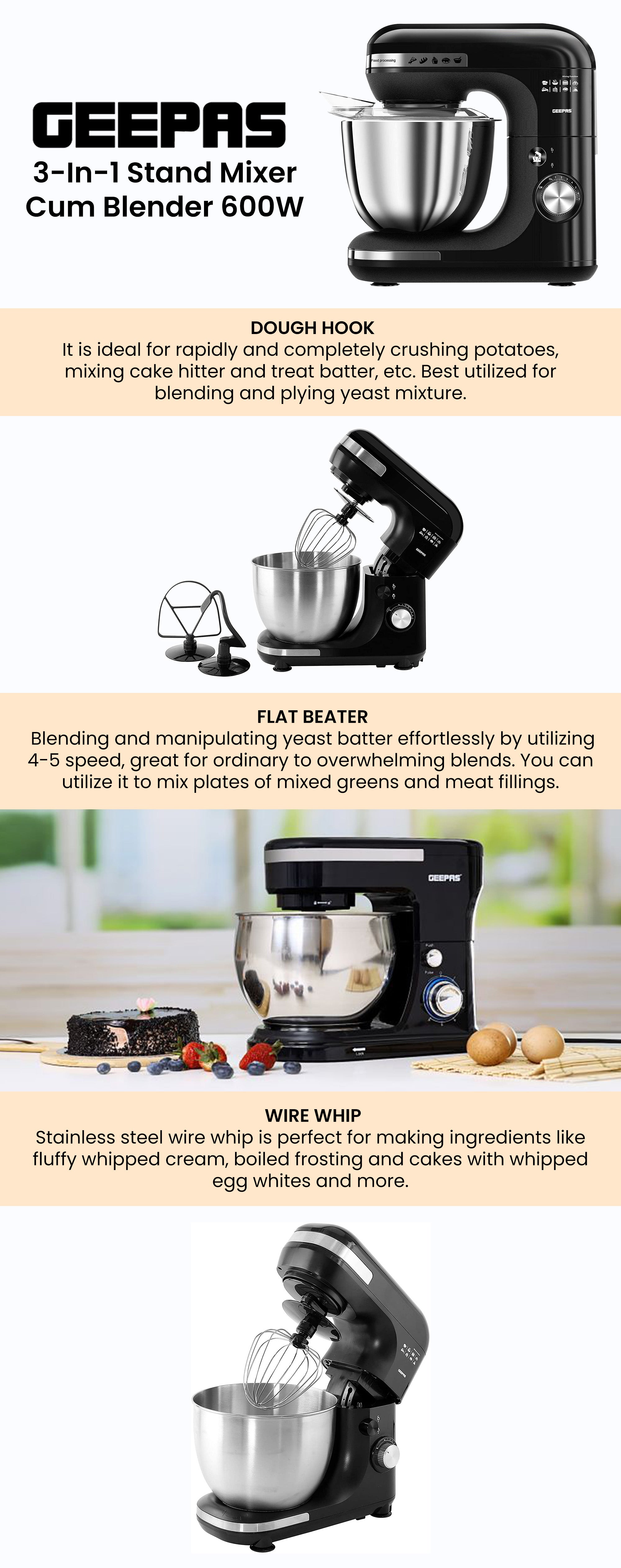 Stand Mixer With 5 Liter Stainless Steel Bowl, Powerful Copper Motor with 12 Level Mixing Control, ABS Body, Perfect for Kneading Dough, Mixing Batter, Whisking Eggs, etc. Includes a Hook, Beater Whisk, Splash Cover 5 L 800 W GSM43013 Creamy White