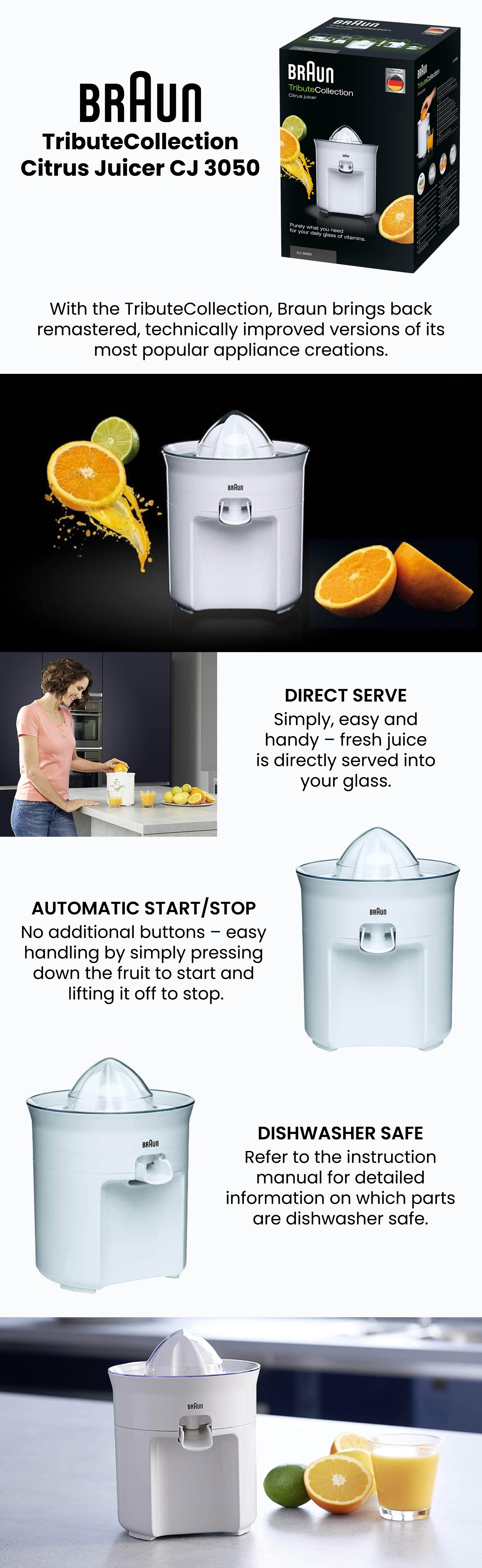 Citrus Juicer, Anti Drip Spout, Dishwasher Safe 60 W CJ 3050 White