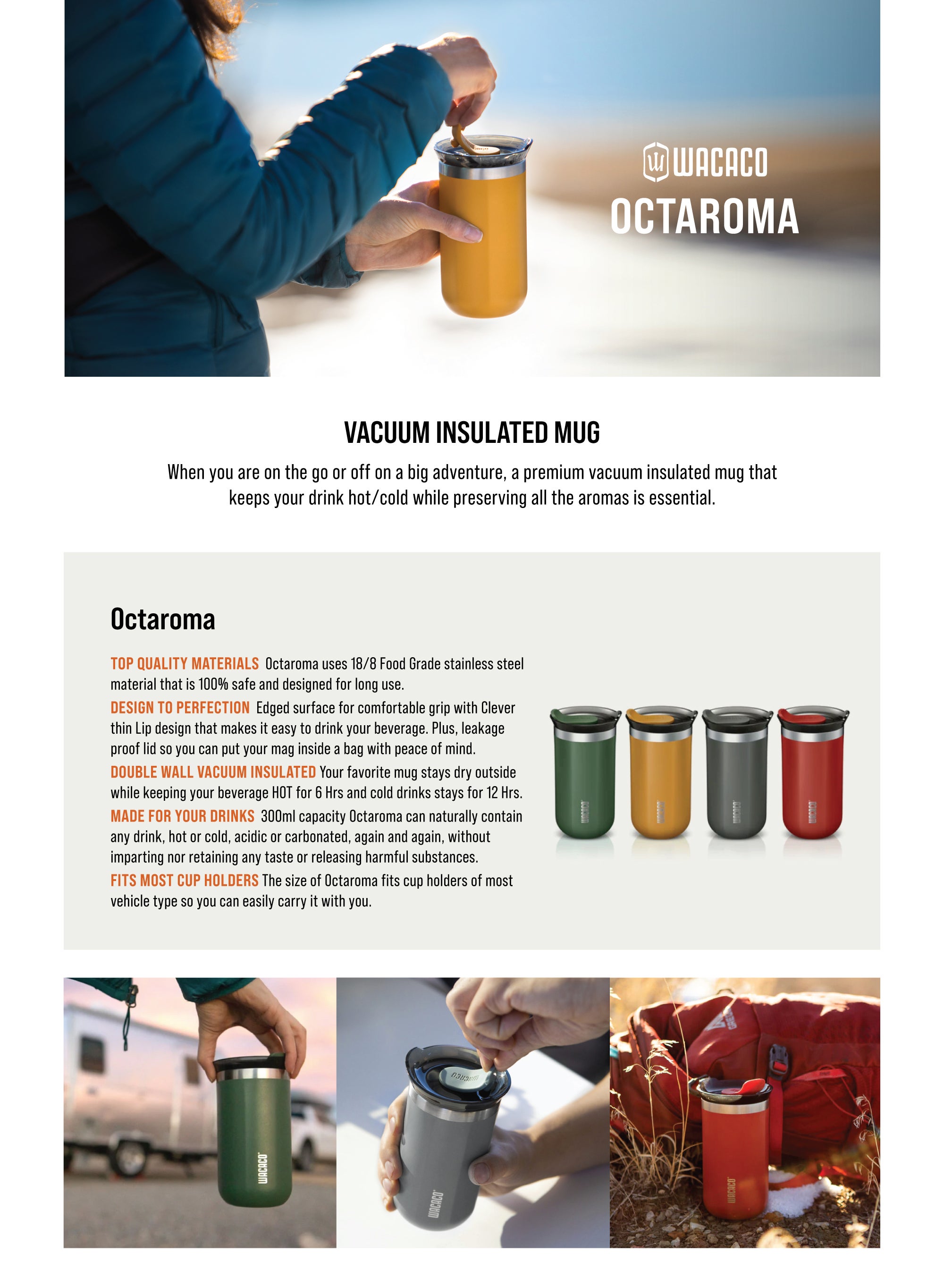 Octaroma LUNGO Vacuum Insulated Mug (300ml) - Double Wall Stainless Steel Coffee Travel Tumbler w/ Leakproof Drinking Lid, Reusable, Washable, BPA-Free, Hot & Cold - Carmine Red Carmine red