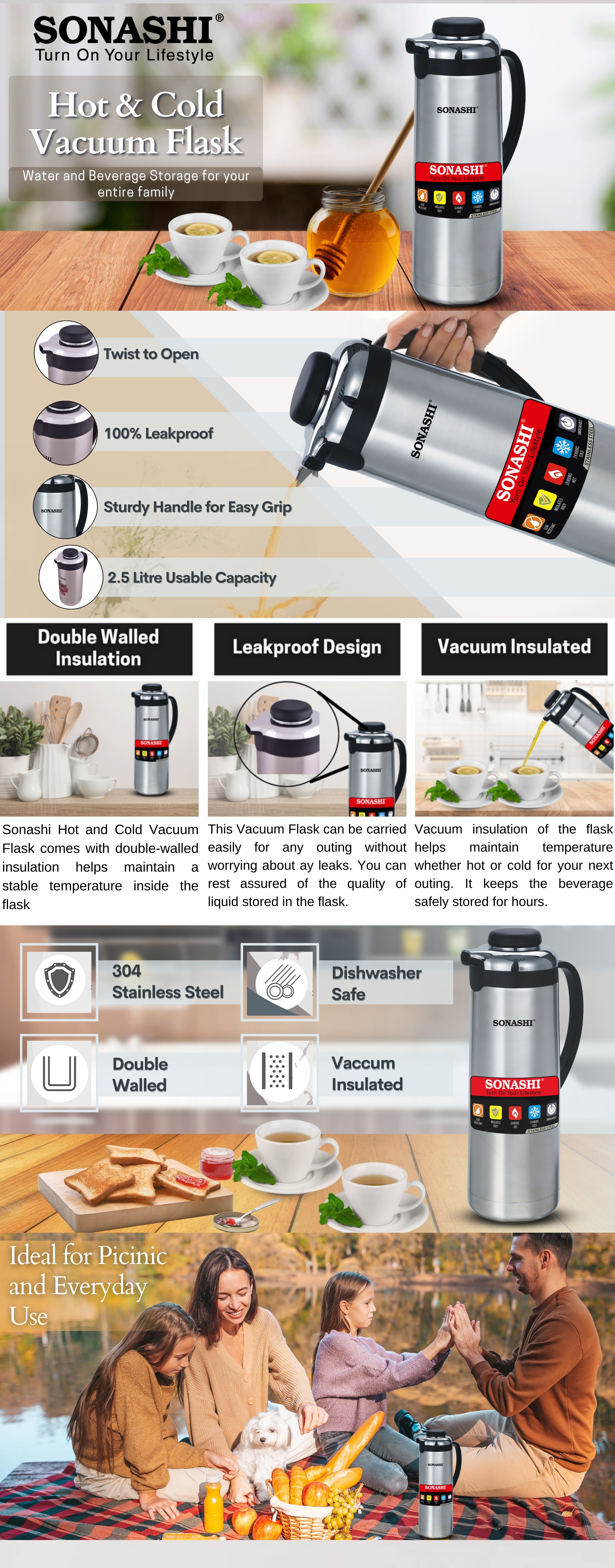 25L Vacuum Flask  for Hot And Cold Beverages  High Quality Stainless Steel Body with Double Wall Insulation  Unbreakable Flasks with Big Mouth for Daily Use  Portable Friendly SVF-2500 Silver/Black