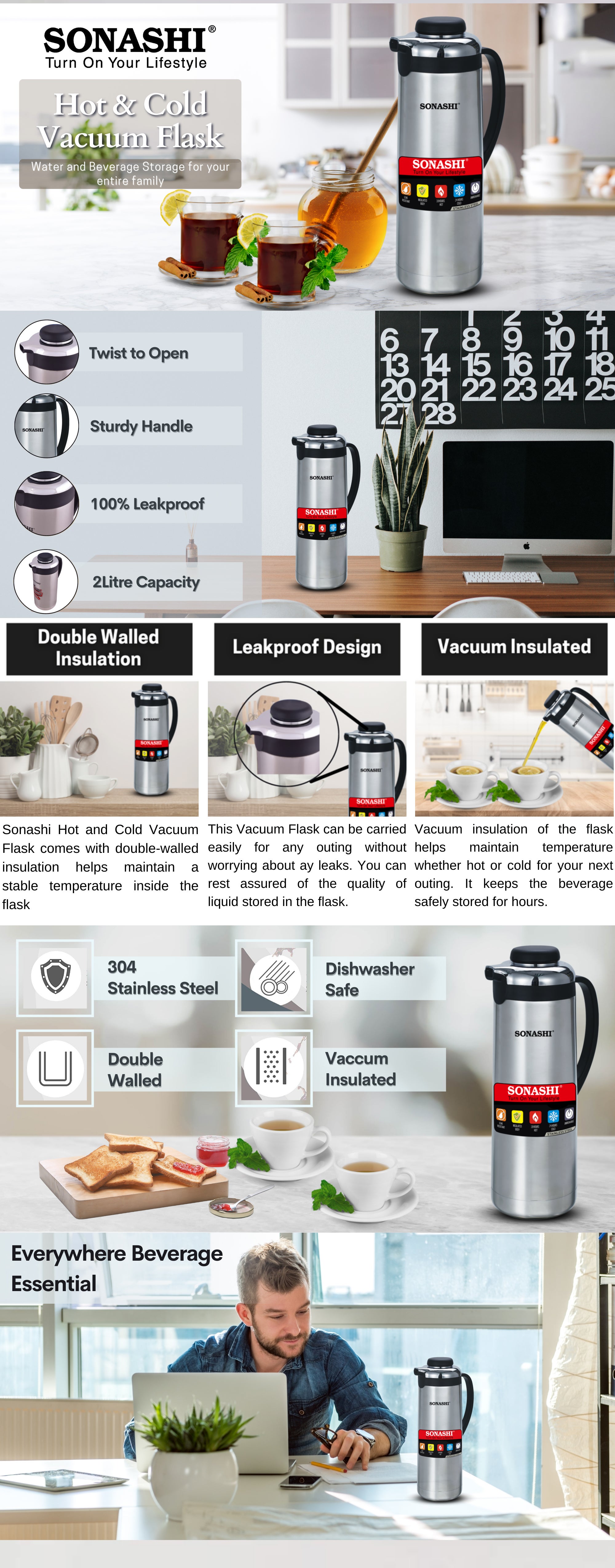 2.L Vacuum Flask  for Hot And Cold Beverages  High Quality Stainless Steel Body with Double Wall Insulation  Unbreakable Flasks with Big Mouth for Daily Use  Portable Friendly SVF-2000 Silver/Black