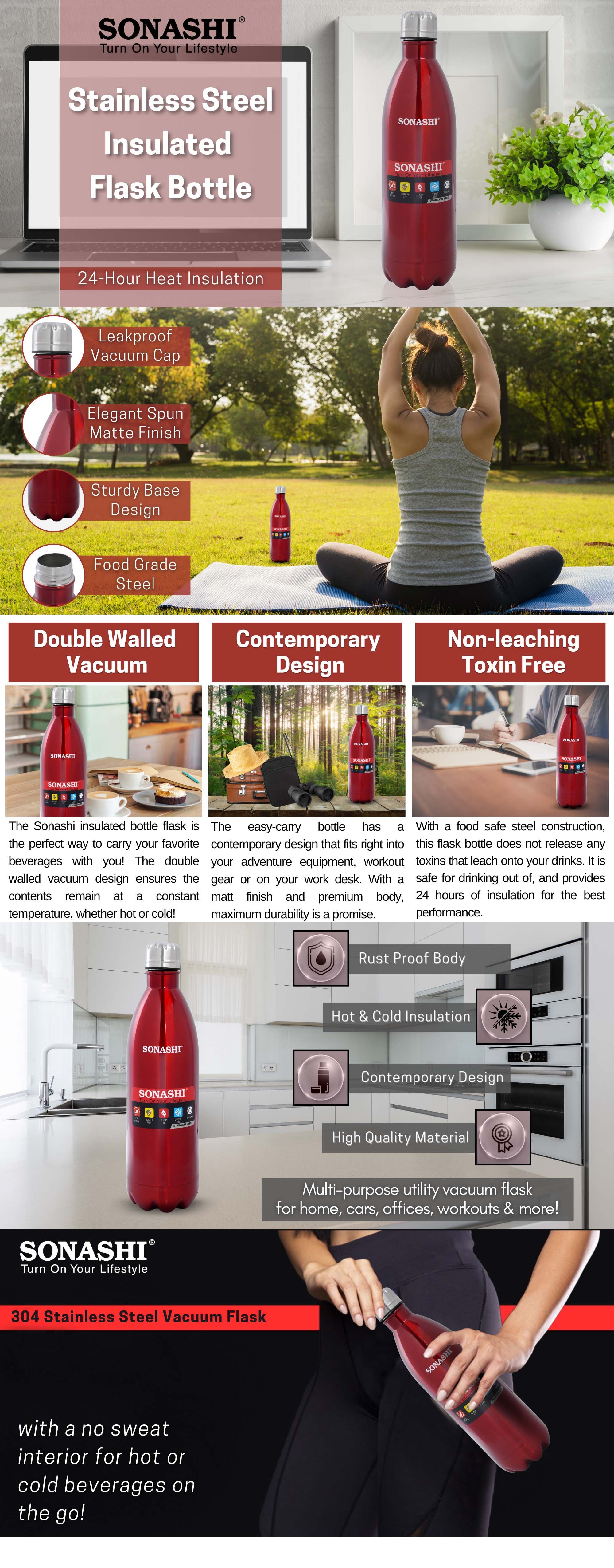 1L Flask Bottle  Hot And Cold Beverages  Stainless Steel Body with Double Wall Insulation  Unbreakable and Easy to Clean Bottles for Daily Use  Portable Friendly Red SVB-1002 Red 33cm