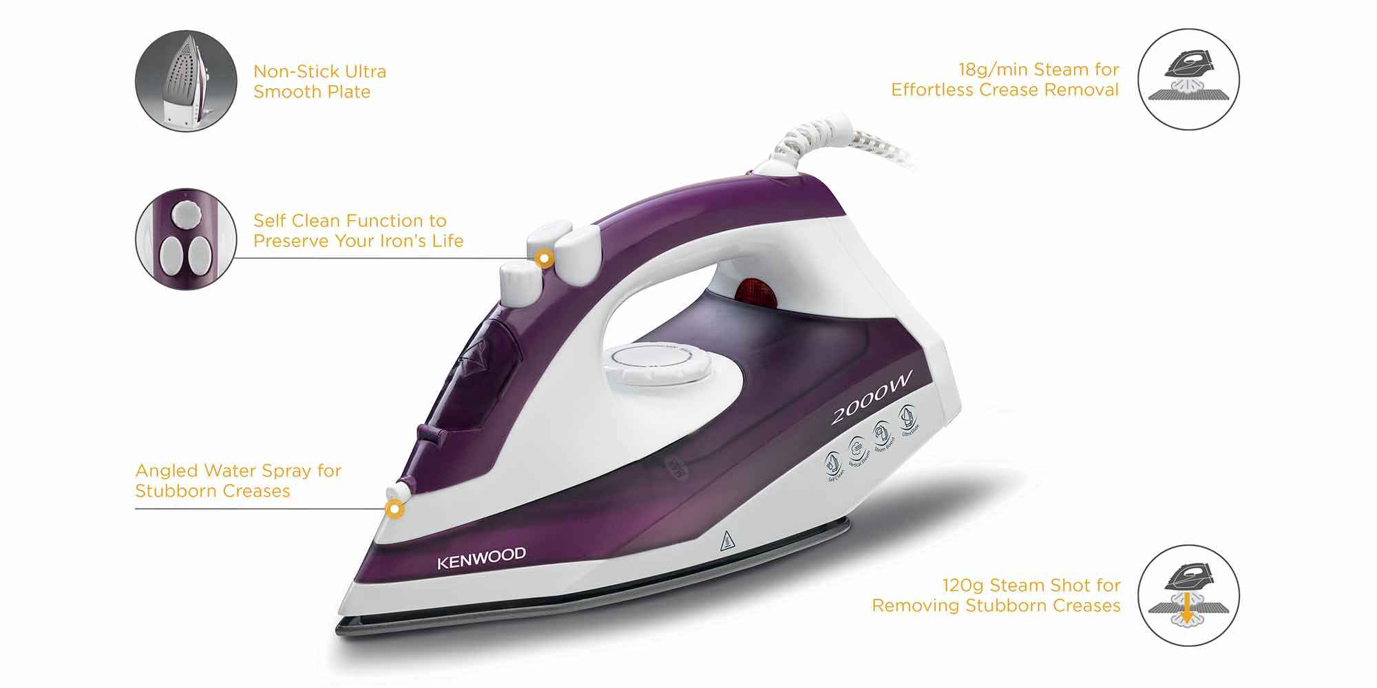Steam iron, Non Stick Soleplate, Self Clean Function, Water Spray, 120G Steam Shot, 250 ml 2000 W STP40.000WP Purple/White