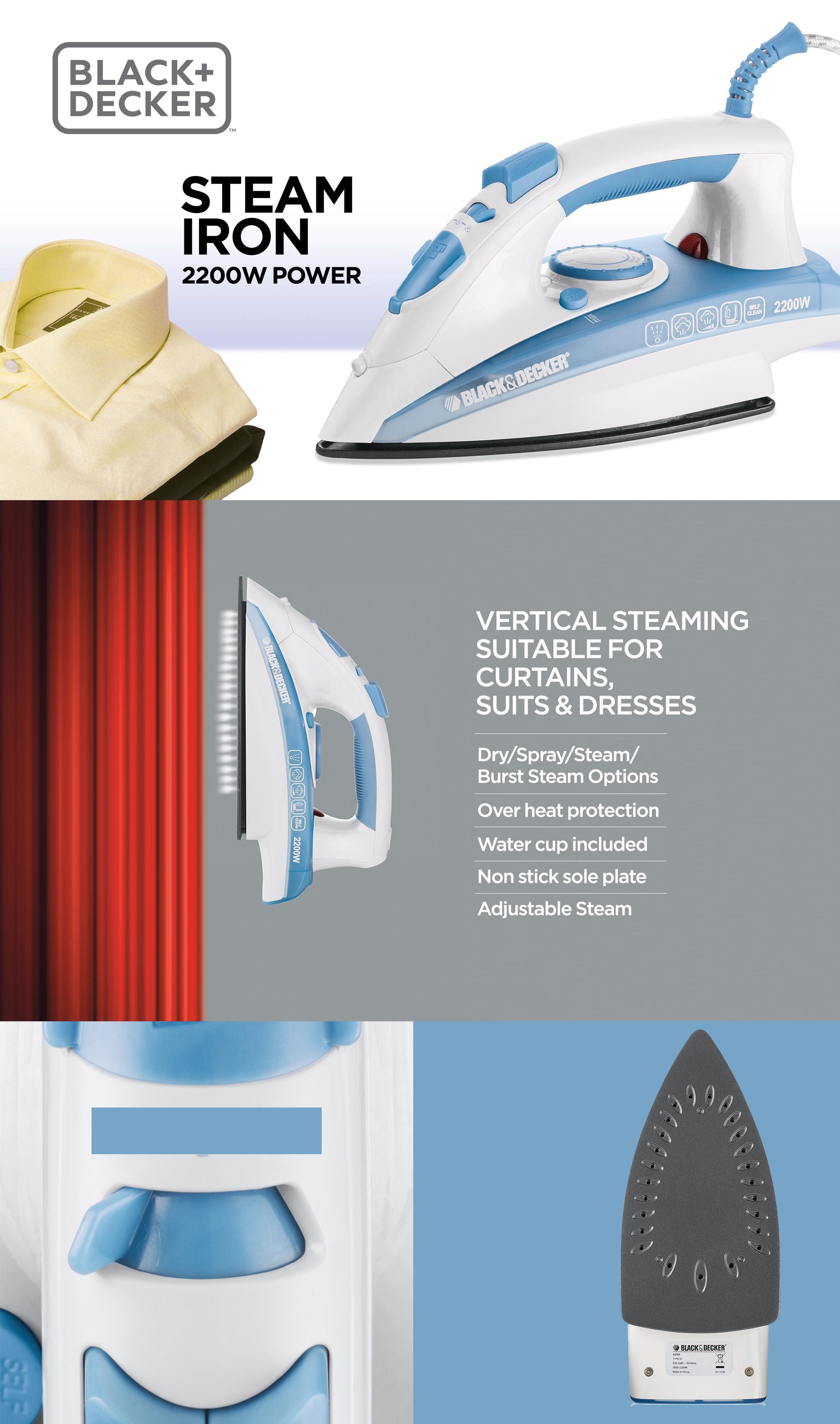 Vertical Steam Iron With Non Stick Soleplate And Spray Function 220.0 ml 2200.0 W X2000-B5 Blue/White