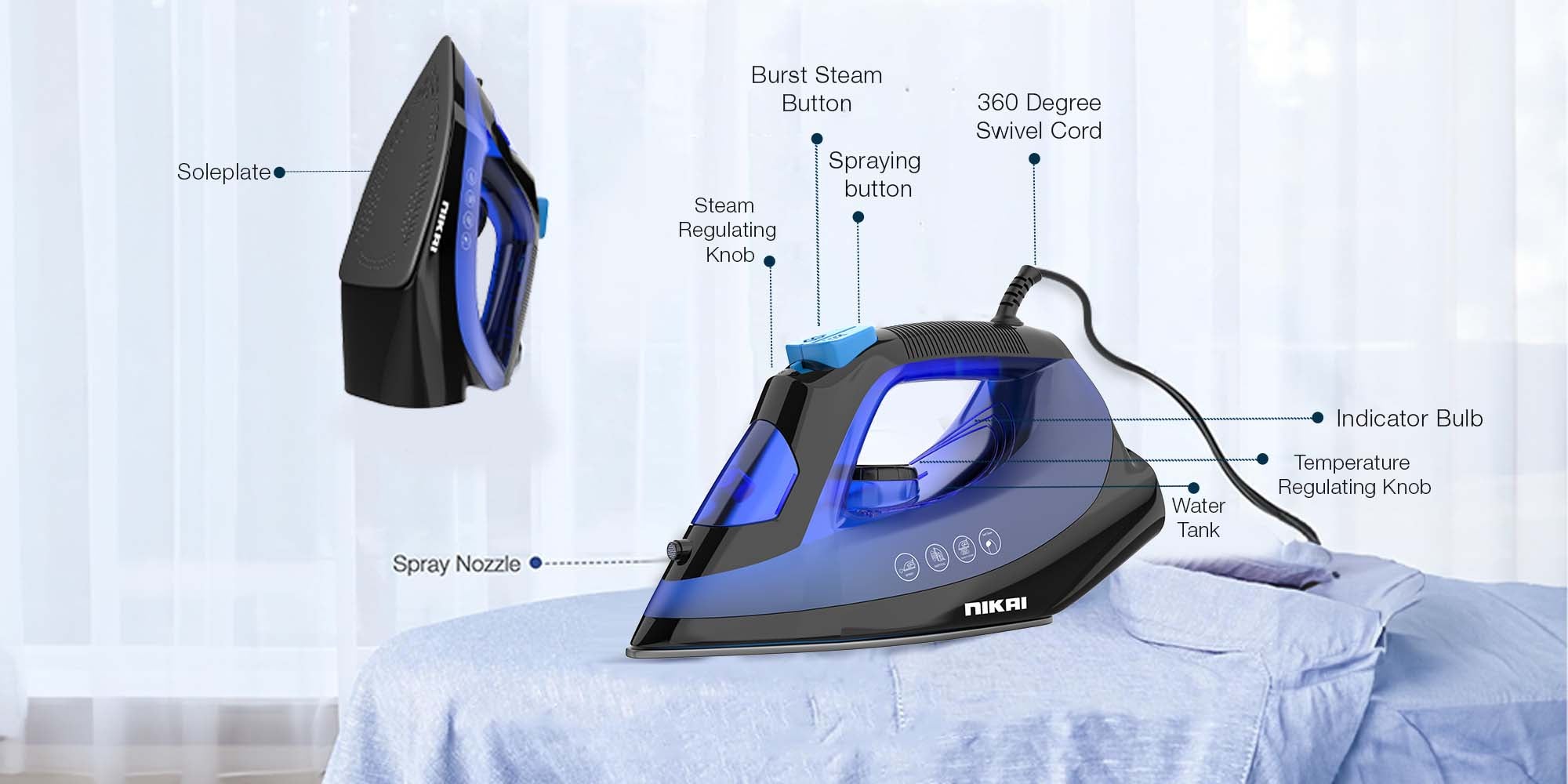 Steam Iron With Self-Cleaning Function, Non-Stick Soleplate, Vertical Steam Dry And Spray Options, Adjustable Temp, Indicator Light, Variable Steam Control NSI858AX Blue/Black