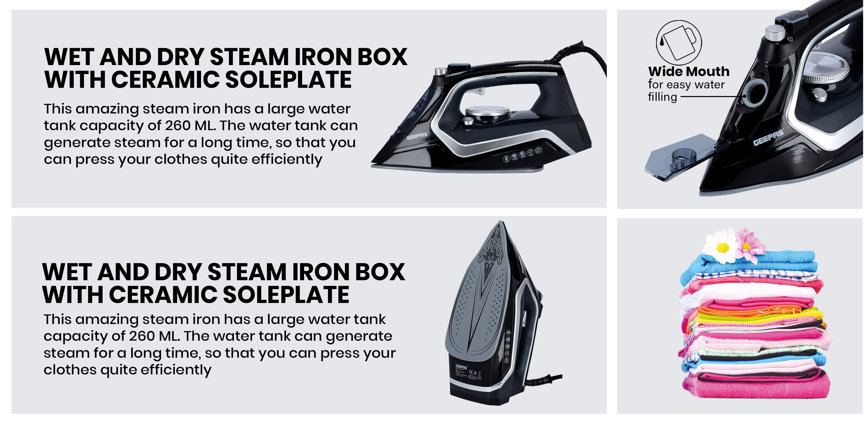 Steam Iron - 2 in 1 Dry & Wet Steam Iron - Adjustable Temperature Control, Ceramic Soleplate - Dry/Steam/Burst of Steam/Vertical Steam Function, Steam Boost | 2 Years Warranty 2200 W GSI7801N Black/White