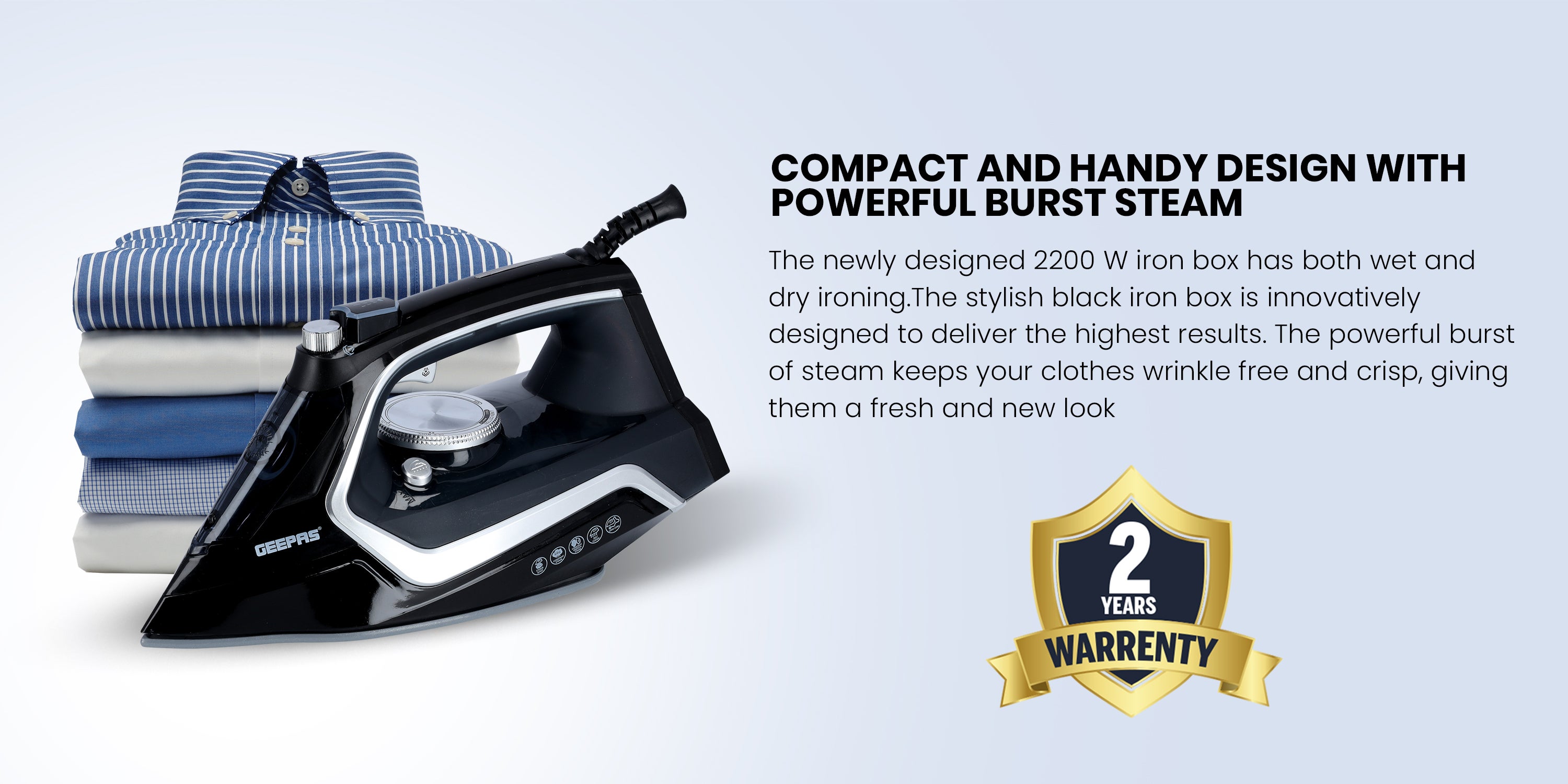 Steam Iron - 2 in 1 Dry & Wet Steam Iron - Adjustable Temperature Control, Ceramic Soleplate - Dry/Steam/Burst of Steam/Vertical Steam Function, Steam Boost | 2 Years Warranty 2200 W GSI7801N Black/White