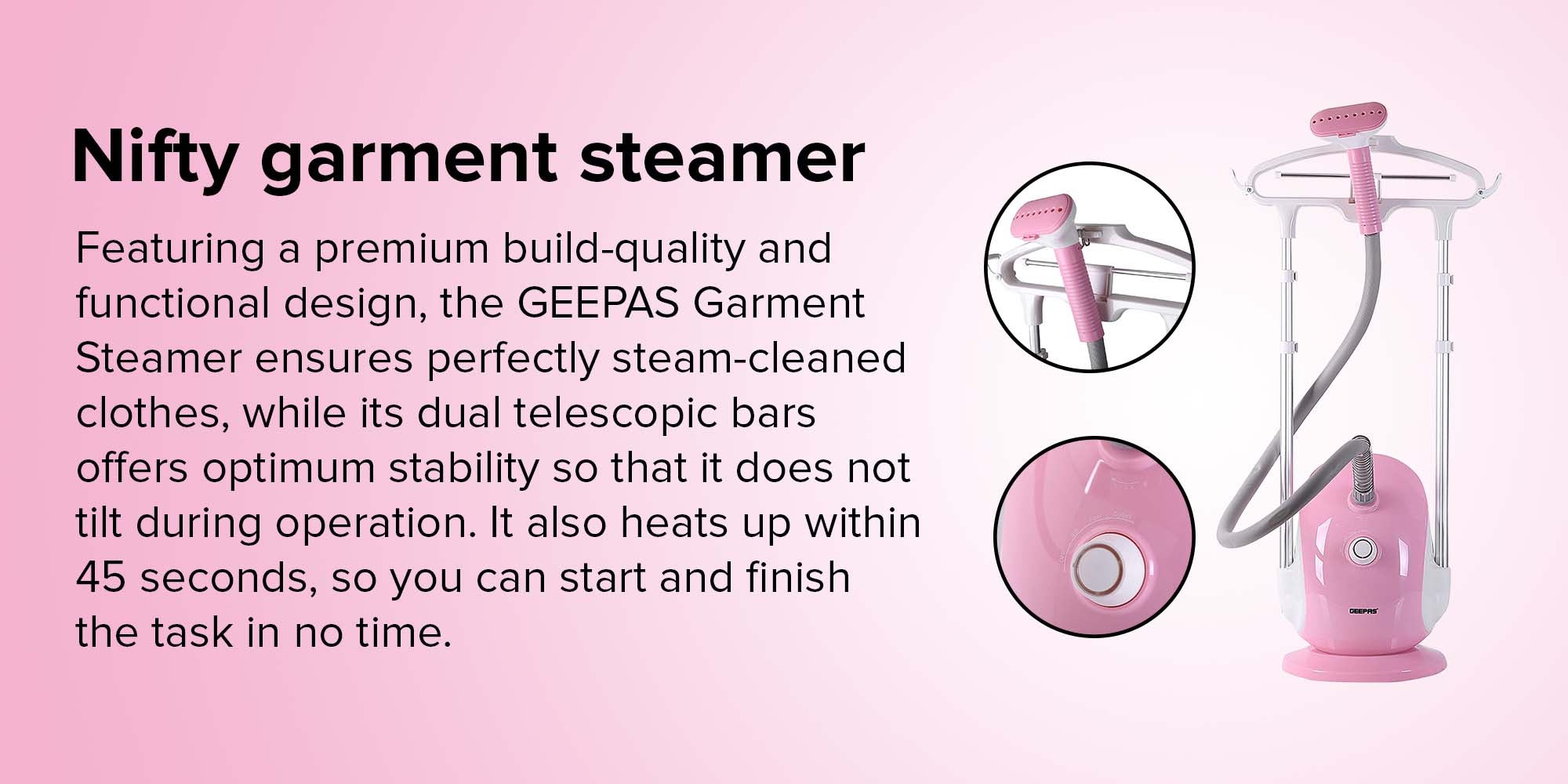 Garment Steamer - Auto Off & High Quality  Adjustable Poles, 3 Steam Levels For Various Textiles, Overheat & Thermostat Protection, 1.7L Water Tank, 45s Heat Time, 1.6 L 1800 W GGS9691 Pink