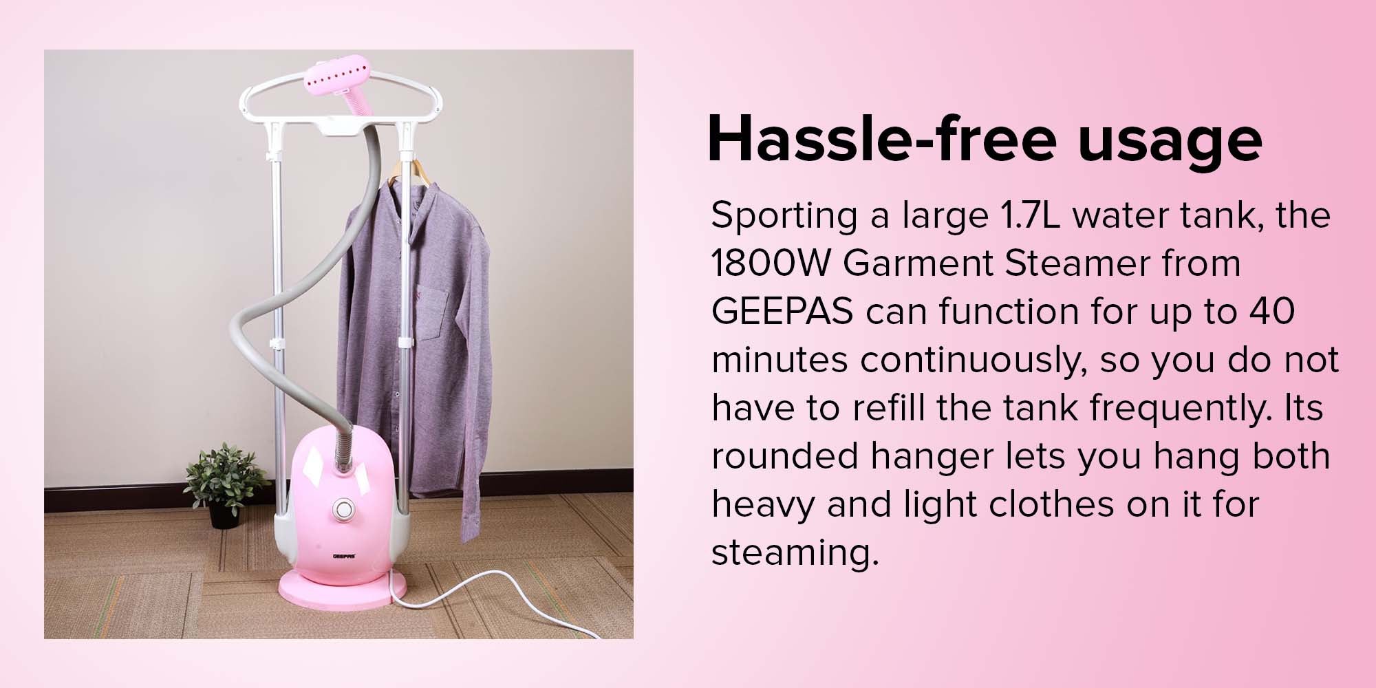 Garment Steamer - Auto Off & High Quality  Adjustable Poles, 3 Steam Levels For Various Textiles, Overheat & Thermostat Protection, 1.7L Water Tank, 45s Heat Time, 1.6 L 1800 W GGS9691 Pink