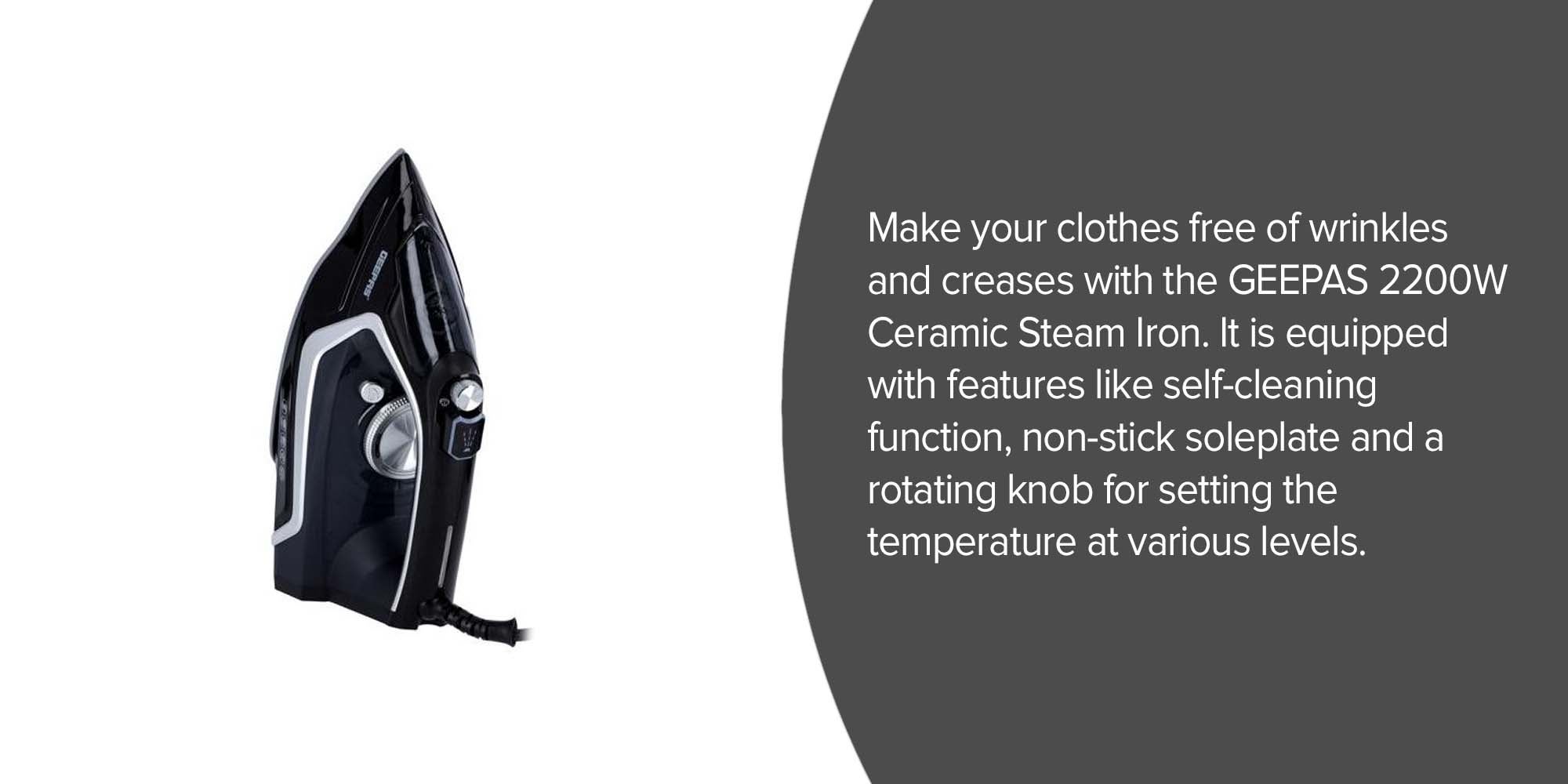 Ceramic Steam Iron, Wet & Dry Iron| 360 Swivel Cord | 2200W Steam Iron with Self Cleaning Function | Steam Iron with Adjustable Thermostat 0.26 L 2200.0 W GSI24024 Black