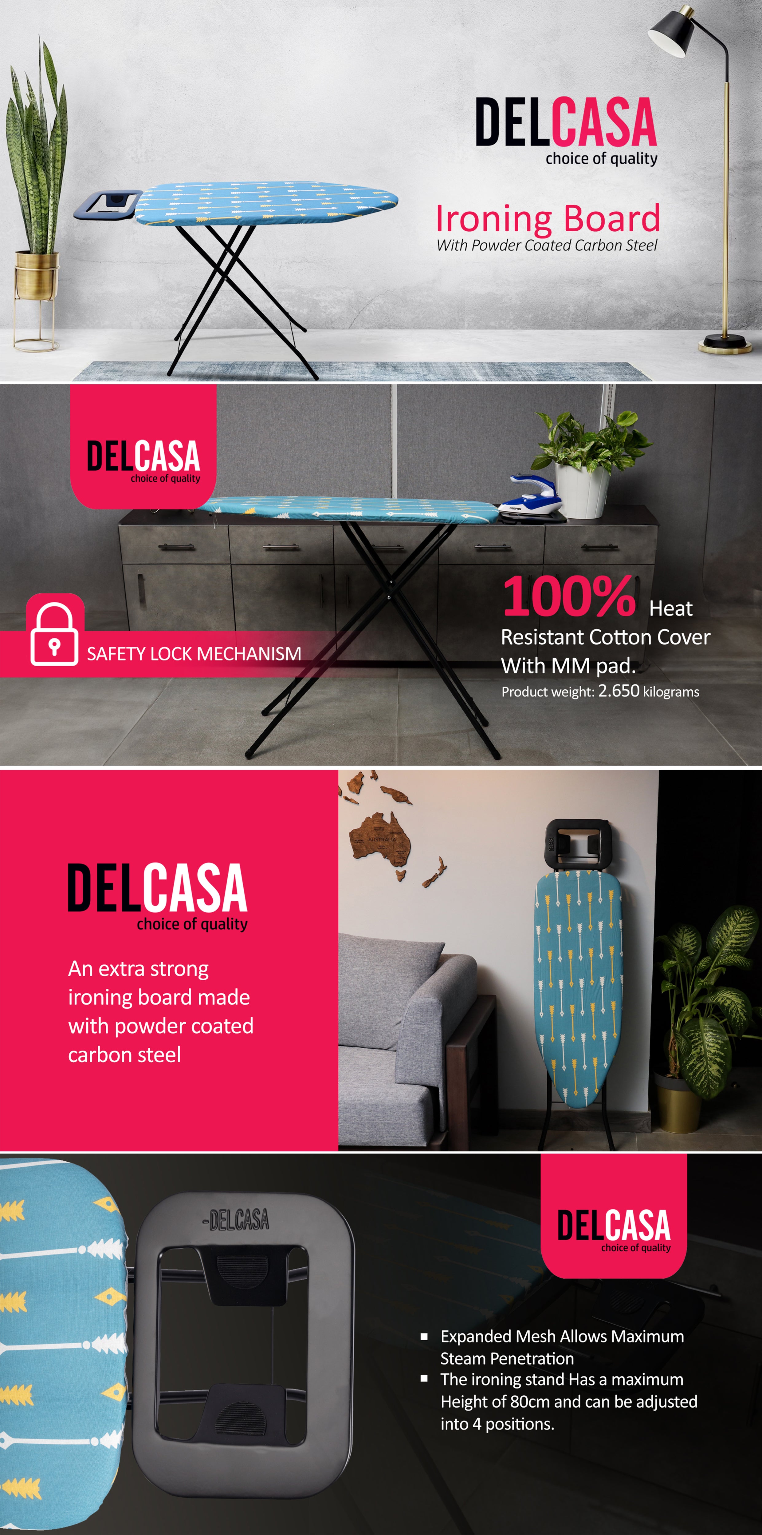 Delcasa 91.5 x 33 cm Ironing Board Ironing Table Heat Resistant, Contemporary Lightweight Iron Board with Adjustable Height and Lock System Assorted Colour DC2800