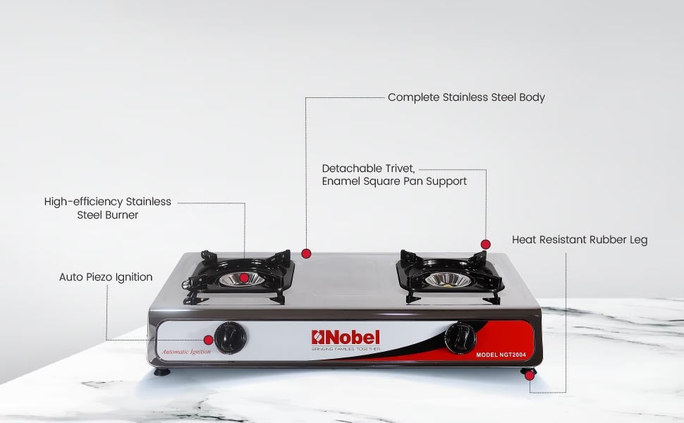 Gas Stove with Dual Gas Burner/2 Brass Burners and Stainless Steel Brass & Auto Ignition Energy Saving - 710 x 410 x 140 (W x D x H) mm NGT2004 Stainless Steel