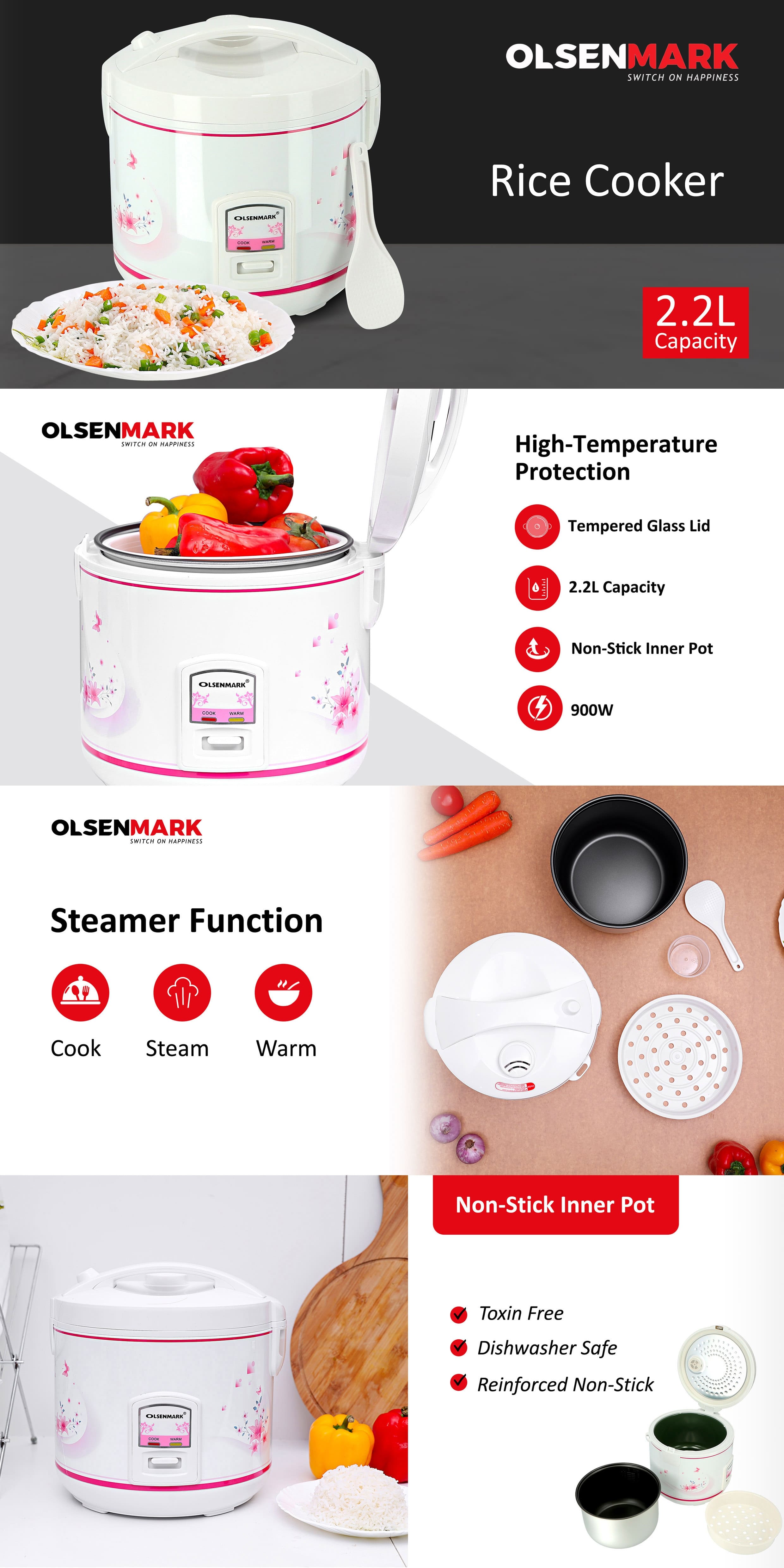 3-In-1 Rice Cooker 2.2 L 900 W OMRC2136NV Purple/White