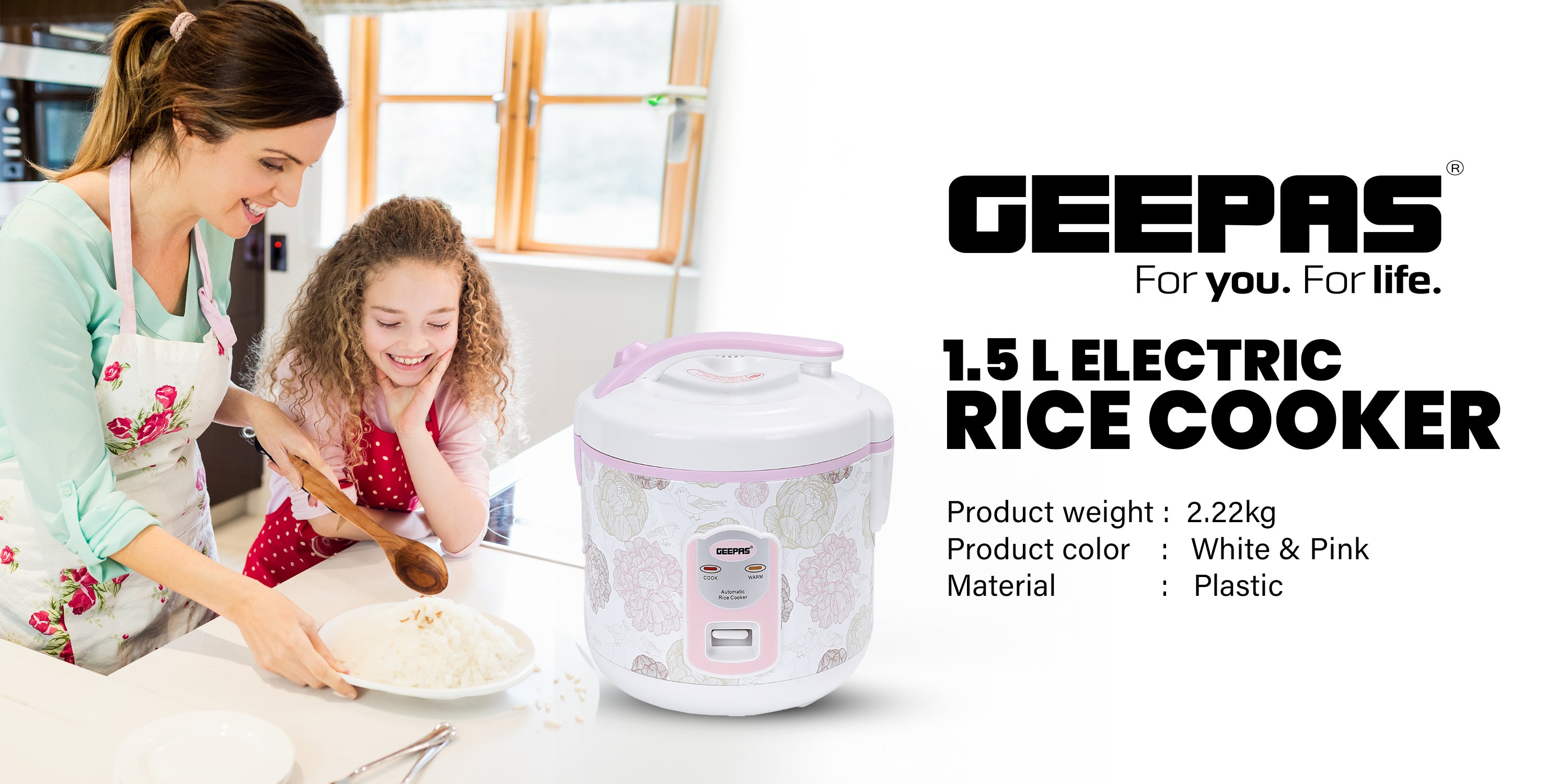 Electric Rice Cooker 500W - Non-Stick Inner Pot |Cook/Steam/Keep Warm | Make Rice & Steam Healthy Food & Vegetables 1.5 L 500 W GRC4334 / GRC4334N White/Pink/Yellow