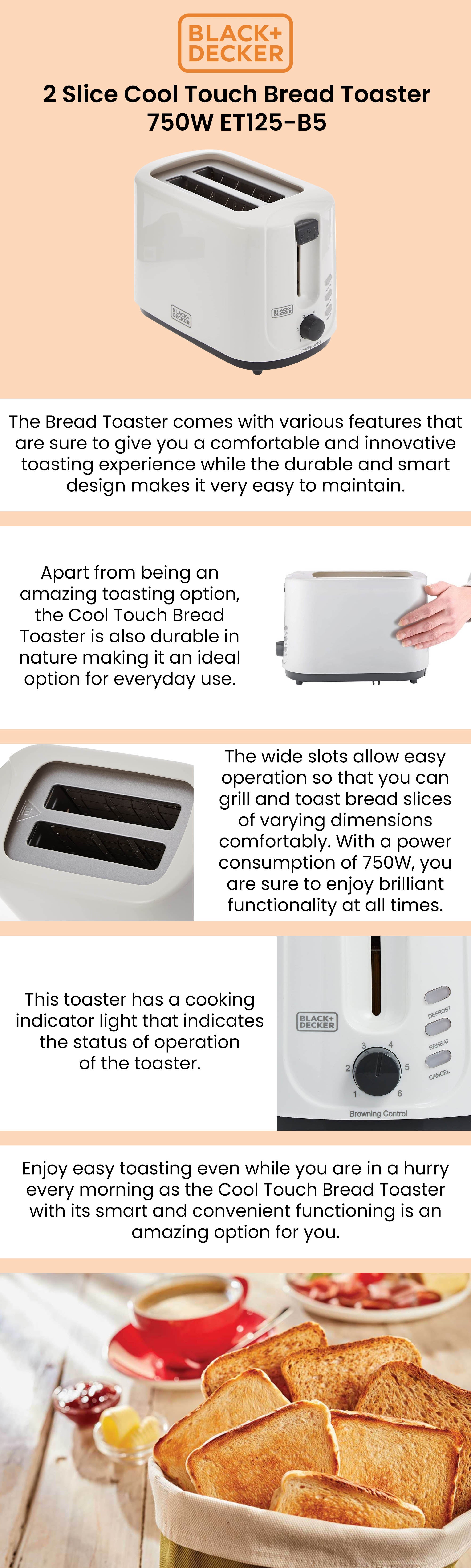 2-Slice Cool Touch Bread Toaster, Adjustable Browning Control, Defrost/Reheat/Cancel Functions, Removable Crumb Tray, Cord Wrap, Sleek and Compact, 750 W ET125-B5 White/Grey