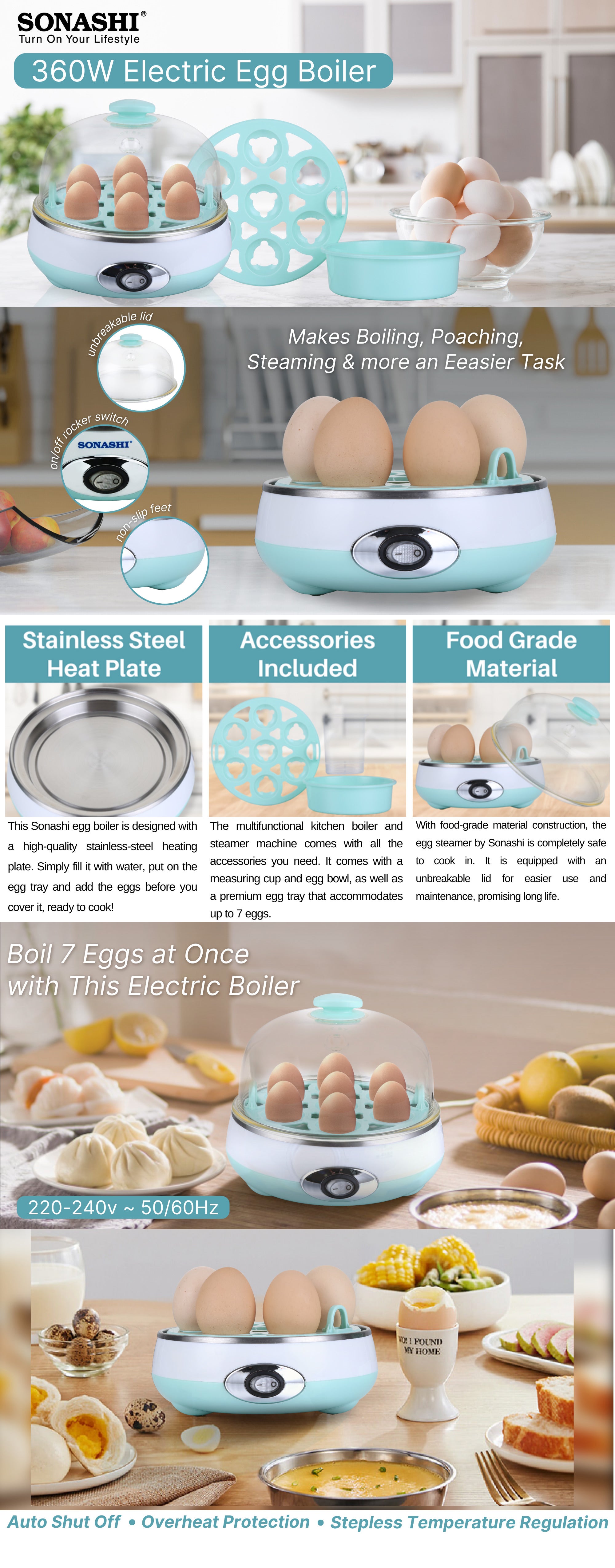 Electrical Egg Boiler - Cooks 7 Eggs at one time | Stainless-Steel Heating Plate with Unbreakable Cover, Measuring Cup and Egg Bowl | Food Grade Material 360 W SEB-77 Blue