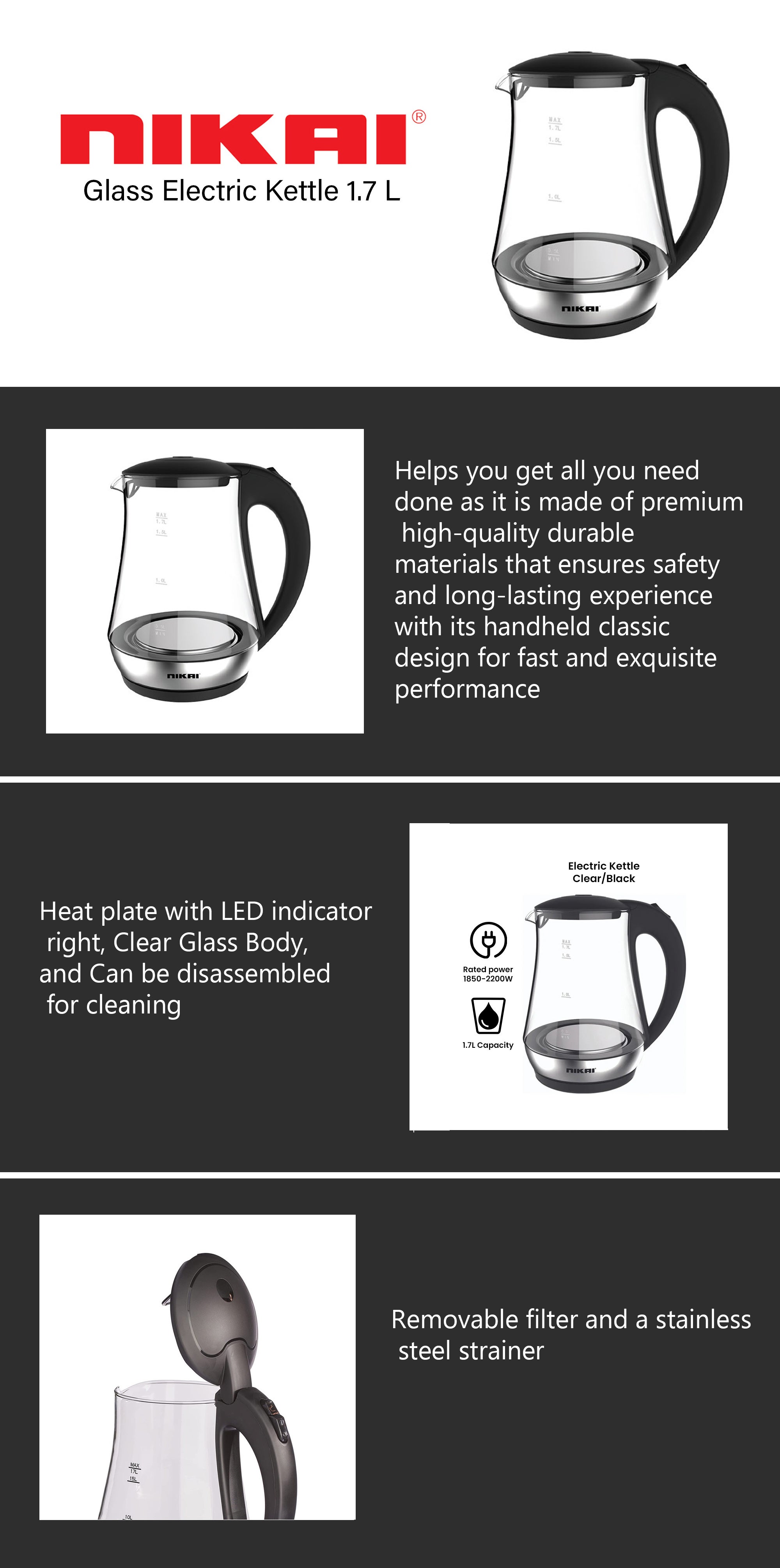 Glass Electric Kettle 1.7 L 2200.0 W NK323G Clear/Black