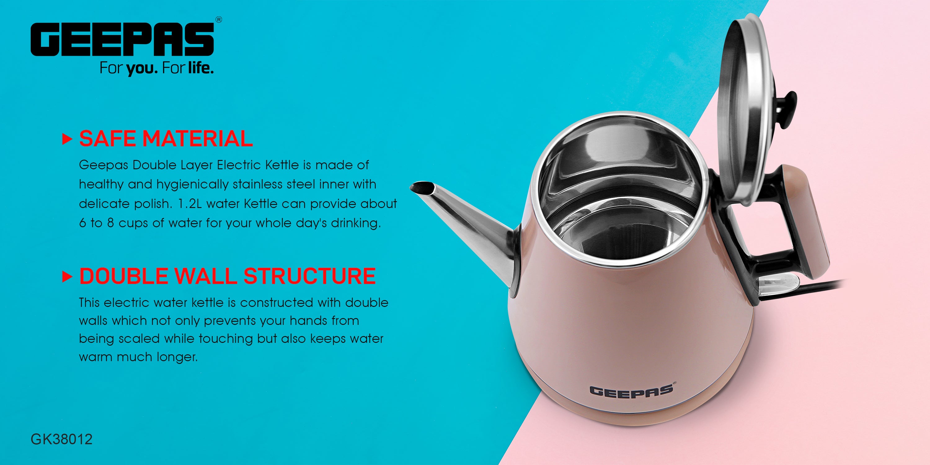 Portable Double Layer Electric Kettle with Inner Stainless Steel & Auto Shut-Off 1.2 L 1360 W GK38012 Grey