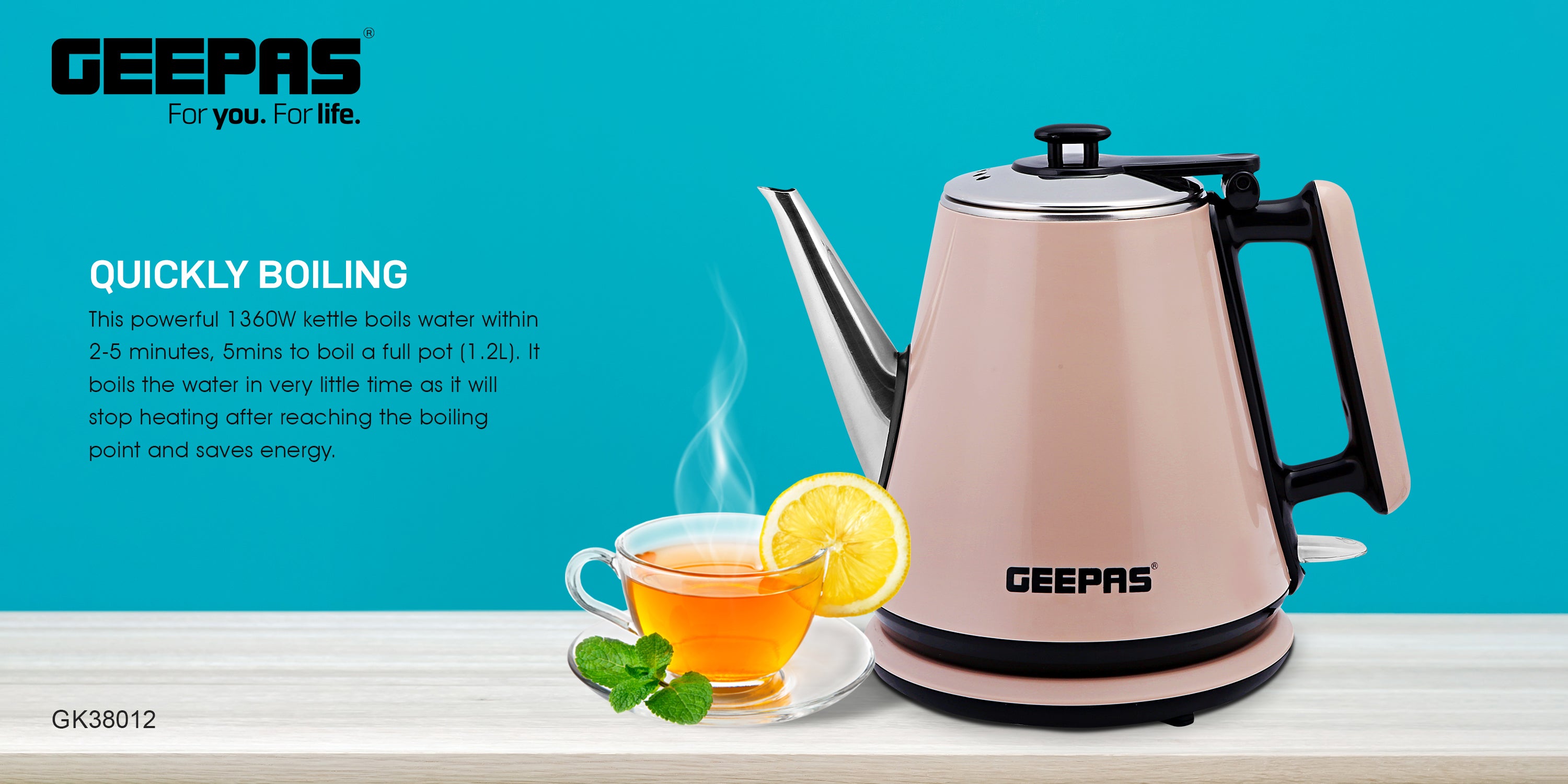 Portable Double Layer Electric Kettle with Inner Stainless Steel & Auto Shut-Off 1.2 L 1360 W GK38012 Grey