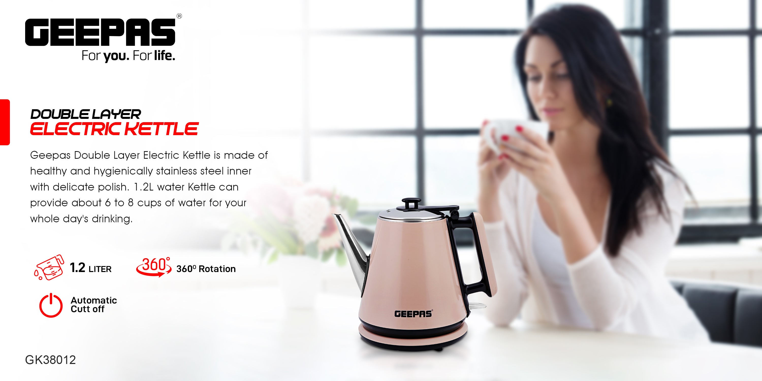 Portable Double Layer Electric Kettle with Inner Stainless Steel & Auto Shut-Off 1.2 L 1360 W GK38012 Grey