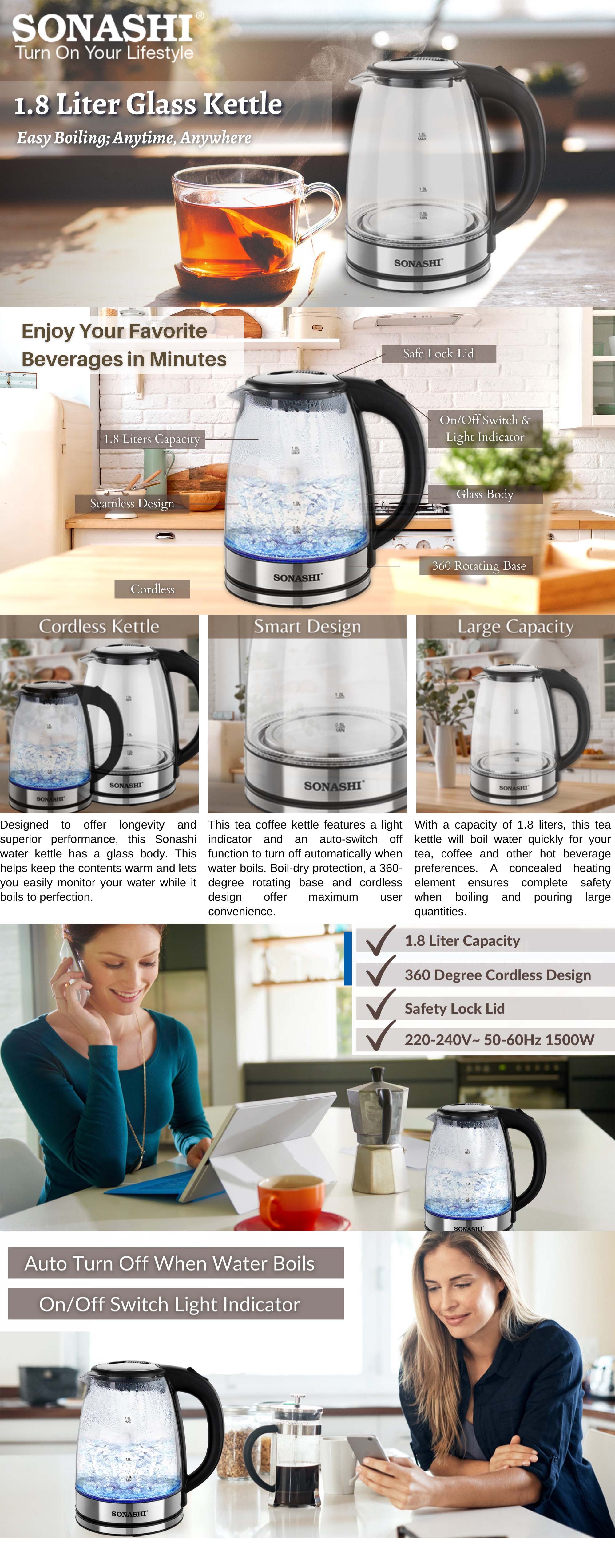 1.8 L Cordless Kettle - Glass Kettle with Safety Lock Lid | 360-degree Swivel Base - Auto Shutdown, Power On/Off Indicator Light Feature | Instant Water Heater And Tea Maker 1.8 L 1500 W SKT-1809 Silver