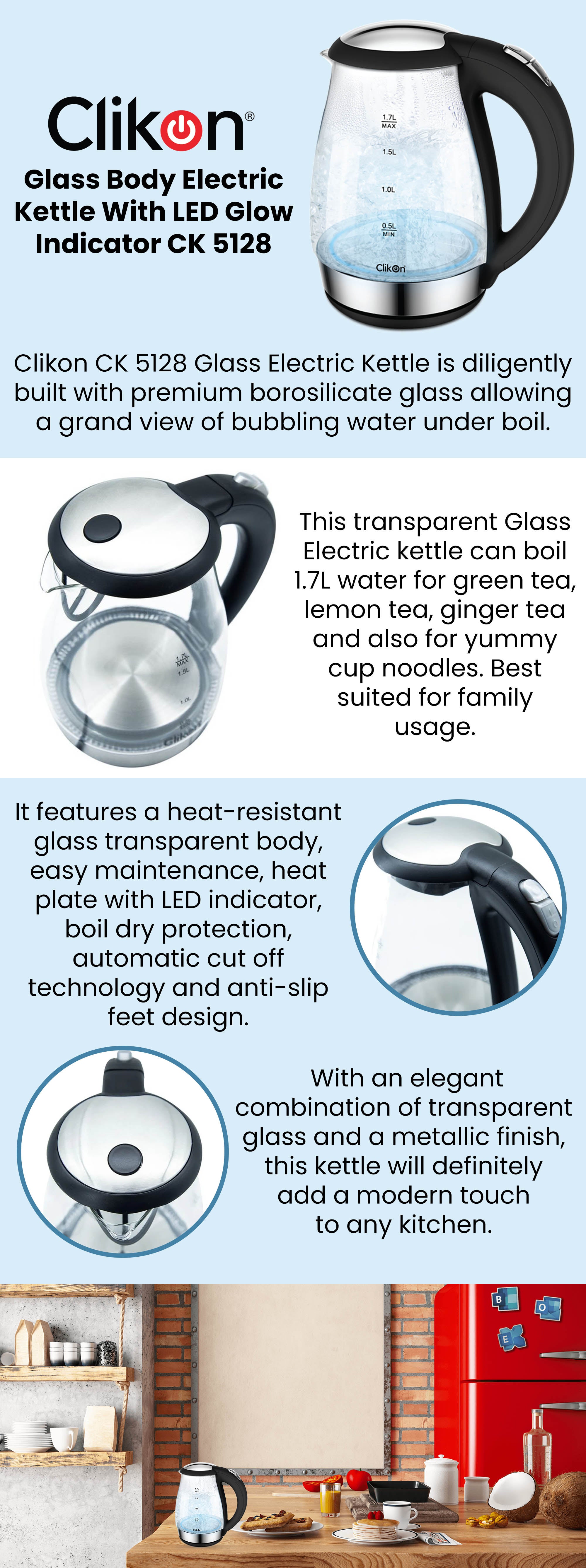 Cordless Glass Body Electric Kettle With LED Glow Indicator 1.7 L 2200 W CK5128 Clear/Black/Silver