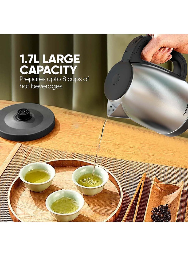 Stainless Steel Electric Kettle Stylish And Safe Boiling, Auto Shut Off, Indicator Light, 360° Rotating Base, Timeless Design, Matt Finish, Ideal For Home And Office Use 1.8 L 2200 W NK420A Silver/Black