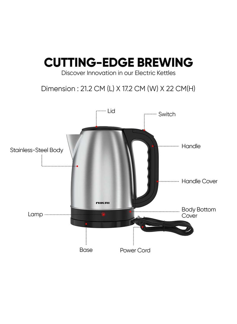 Stainless Steel Electric Kettle Stylish And Safe Boiling, Auto Shut Off, Indicator Light, 360° Rotating Base, Timeless Design, Matt Finish, Ideal For Home And Office Use 1.8 L 2200 W NK420A Silver/Black