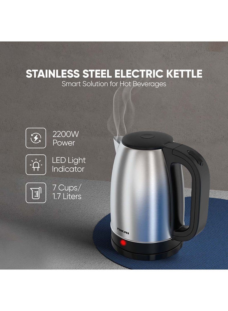 Stainless Steel Electric Kettle Stylish And Safe Boiling, Auto Shut Off, Indicator Light, 360° Rotating Base, Timeless Design, Matt Finish, Ideal For Home And Office Use 1.8 L 2200 W NK420A Silver/Black