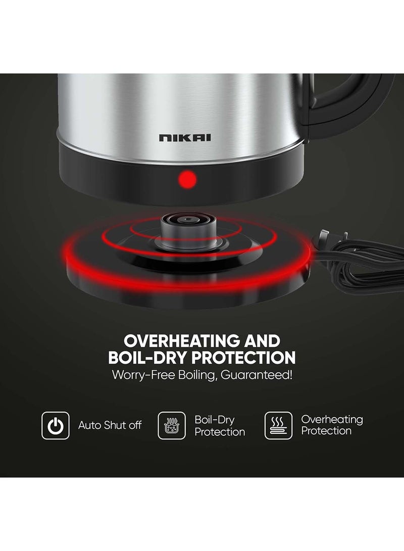 Stainless Steel Electric Kettle Stylish And Safe Boiling, Auto Shut Off, Indicator Light, 360° Rotating Base, Timeless Design, Matt Finish, Ideal For Home And Office Use 1.8 L 2200 W NK420A Silver/Black