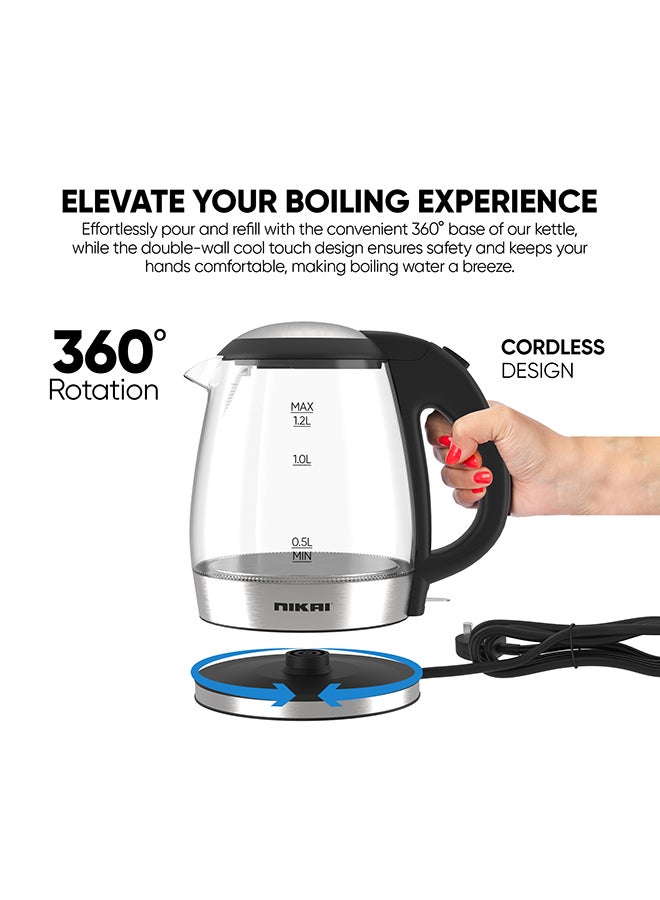 Compact, Electric Glass Kettle, Effortless Boiling Elegance, Auto Lid Opening, Led Indicator, Boil Dry Protection, Integrated Filter, 360° Rotating Base For Home And Office Use 1.2 L 2200 W NK303G Clear/Silver/Black