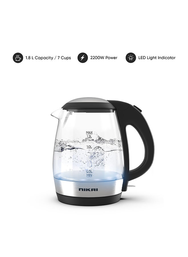 Compact, Electric Glass Kettle, Effortless Boiling Elegance, Auto Lid Opening, Led Indicator, Boil Dry Protection, Integrated Filter, 360° Rotating Base For Home And Office Use 1.2 L 2200 W NK303G Clear/Silver/Black