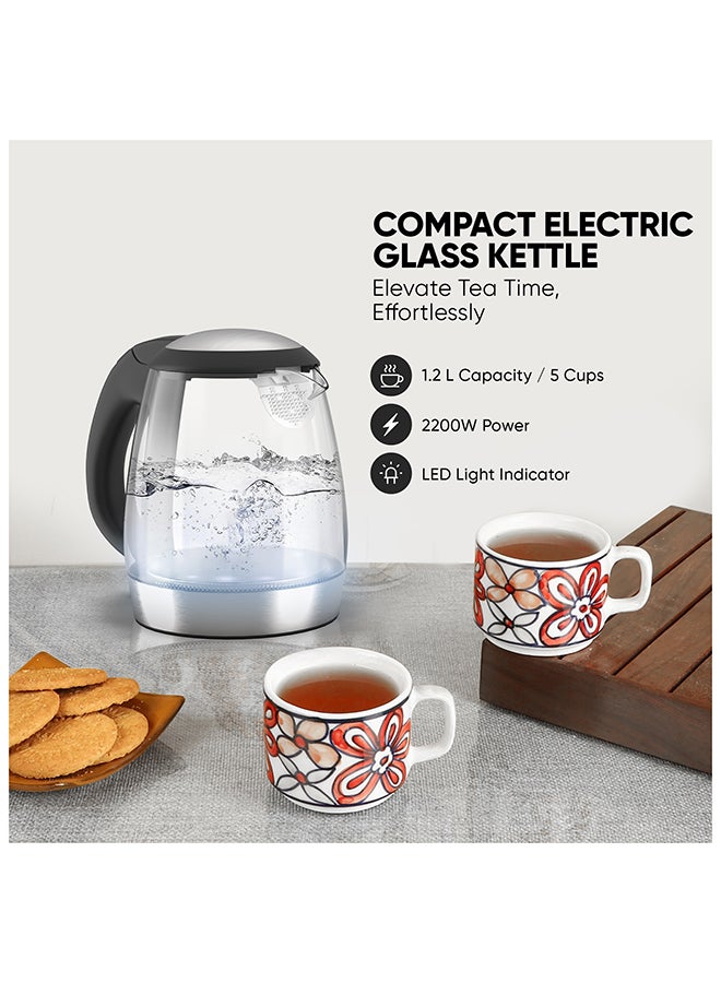 Compact, Electric Glass Kettle, Effortless Boiling Elegance, Auto Lid Opening, Led Indicator, Boil Dry Protection, Integrated Filter, 360° Rotating Base For Home And Office Use 1.2 L 2200 W NK303G Clear/Silver/Black