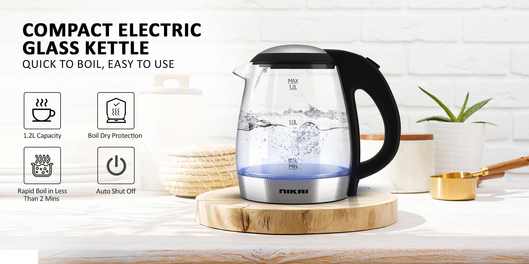 Compact, Electric Glass Kettle, Effortless Boiling Elegance, Auto Lid Opening, Led Indicator, Boil Dry Protection, Integrated Filter, 360° Rotating Base For Home And Office Use 1.2 L 2200 W NK303G Clear/Silver/Black