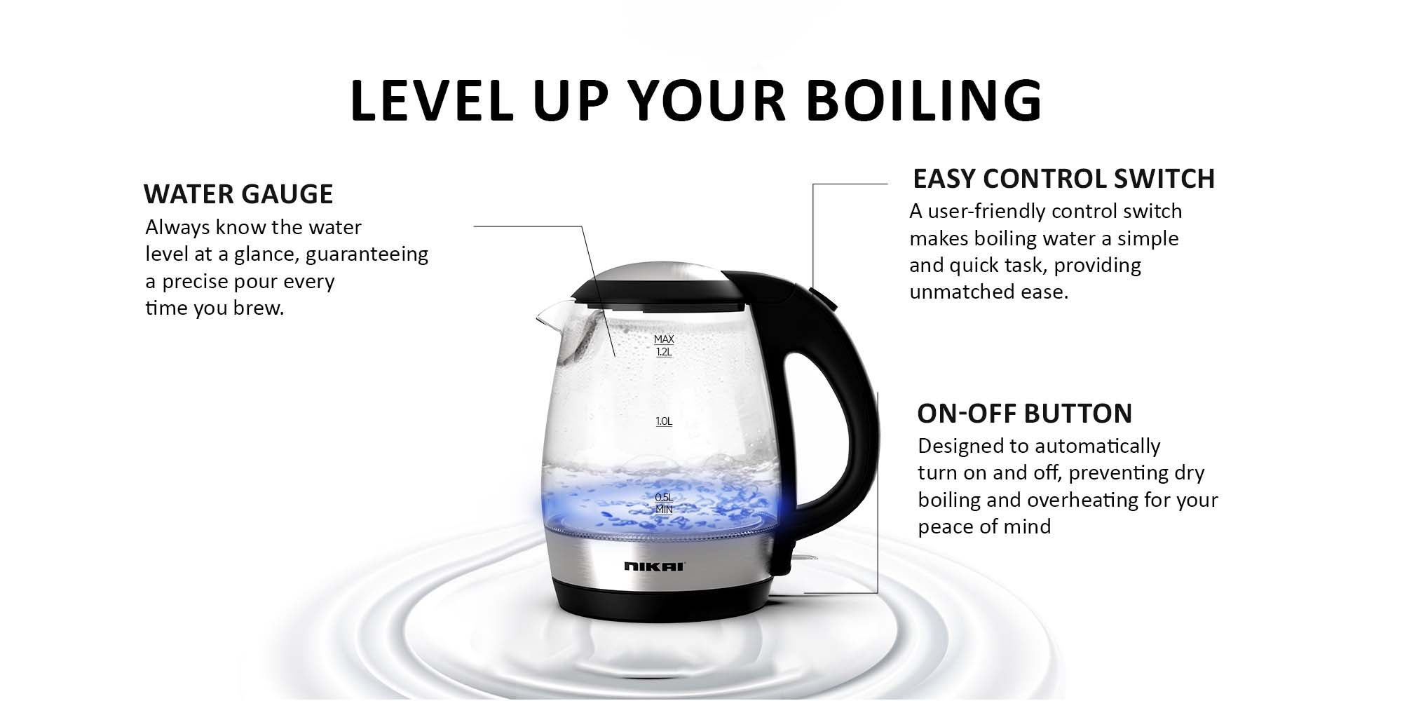 Compact, Electric Glass Kettle, Effortless Boiling Elegance, Auto Lid Opening, Led Indicator, Boil Dry Protection, Integrated Filter, 360° Rotating Base For Home And Office Use 1.2 L 2200 W NK303G Clear/Silver/Black