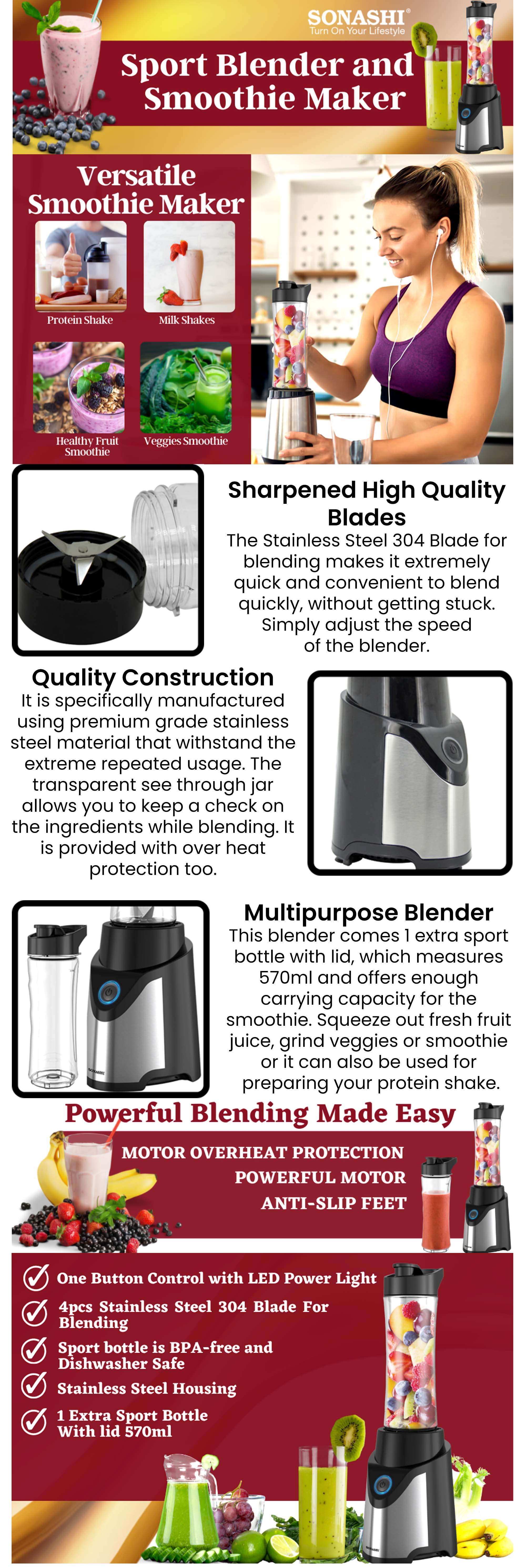 Portable Sports Blender – One-Touch Button Smoothie Maker with 570ML BPA-Free Sports Bottle with Travel Lid | Stainless Steel Housing with LED Power Light 570 ml 500 W SB-184 Black/Silver/Clear 570 ml 500 W SB-184 Black/Silver/Clear