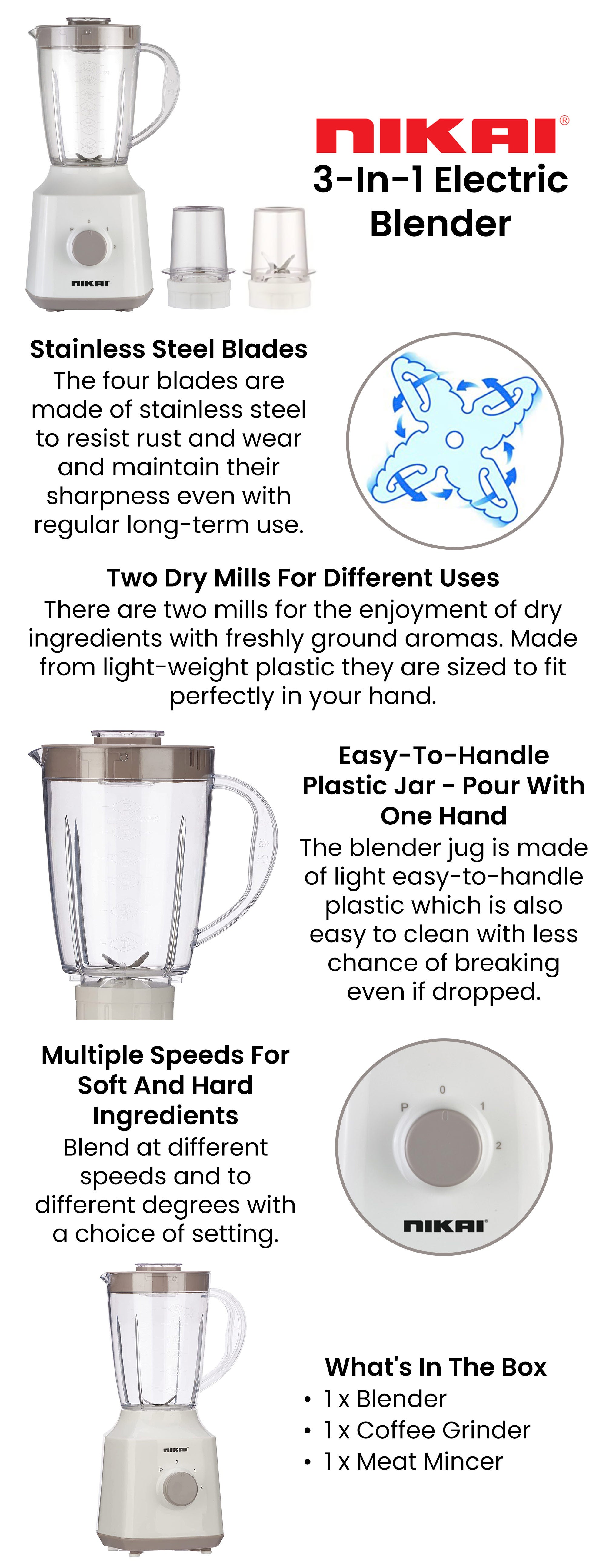 3-in-1 Blender with  1.5 Ltr Liquid Jar, 1 Coffee Grinder & 1 Meat Mincer, 2 Speeds, Stainless Blades, Unbreakable Jar, Perfect for Dry & Wet Fine Grinding, Mixing & Juicing 1.5 L 600 W NB1900NA1/ NB2900EB2 White/Clear