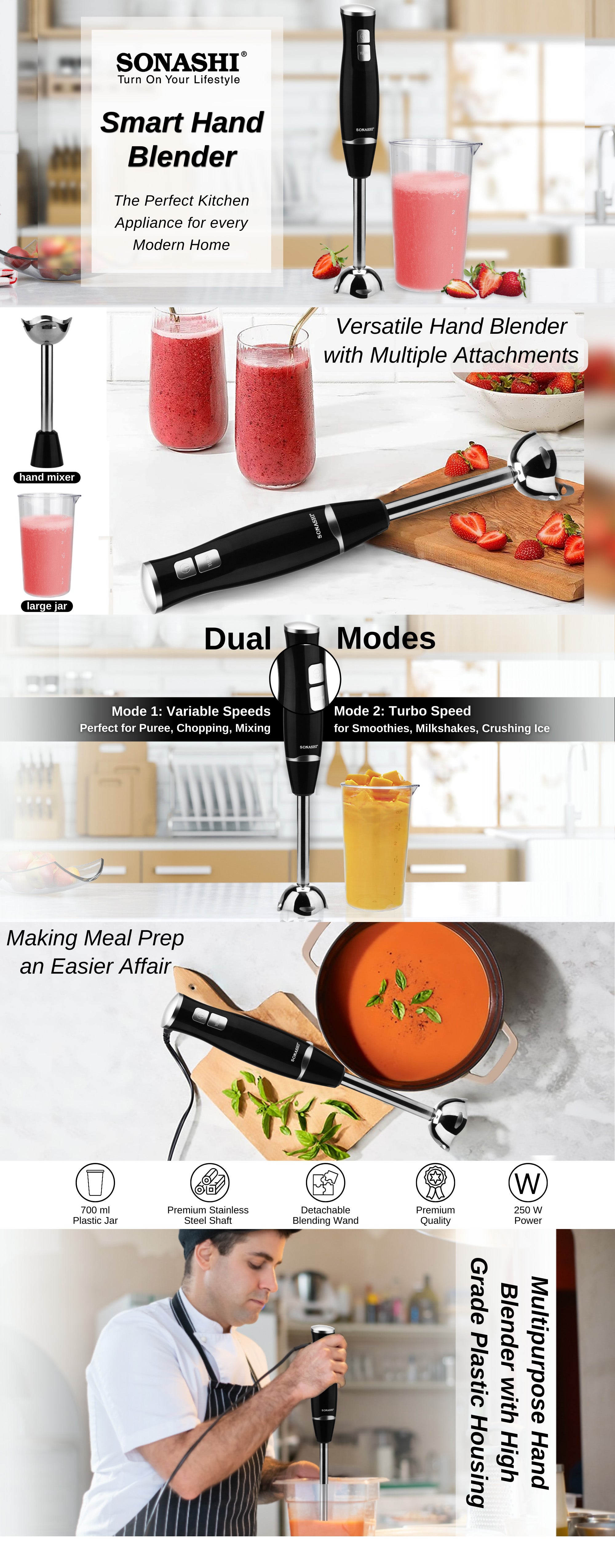 Hand Blender Stainless Steel Shaft | 2 Speed Powerful Motor with 700ml Plastic Jar and Blending Wand | Ideal for Smoothies, Shakes, Baby Food, & Fruits SHB-186J Black
