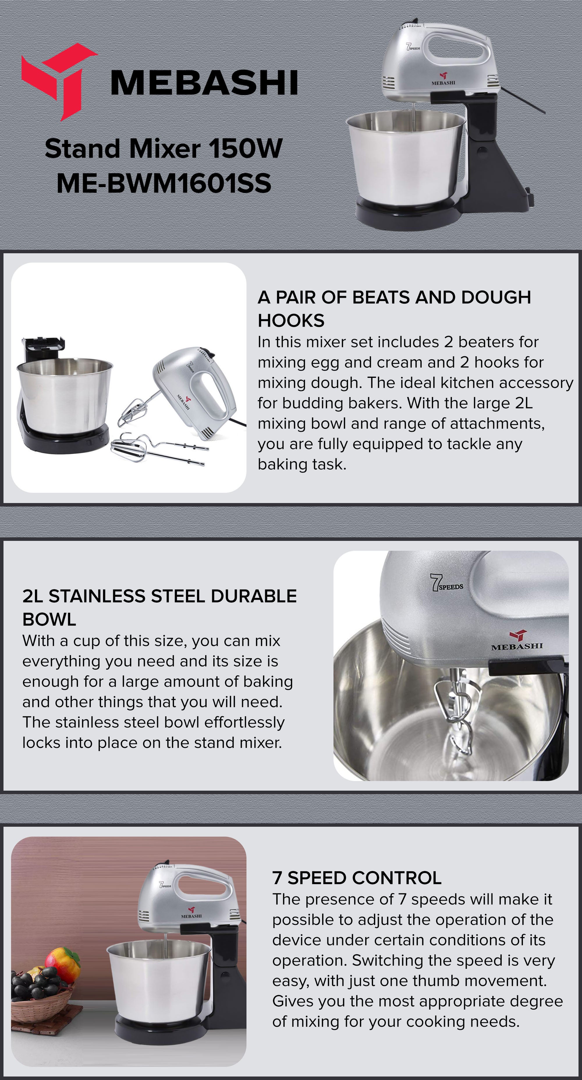 Stand Mixer 150W ME-BWM1601SS Silver/Black