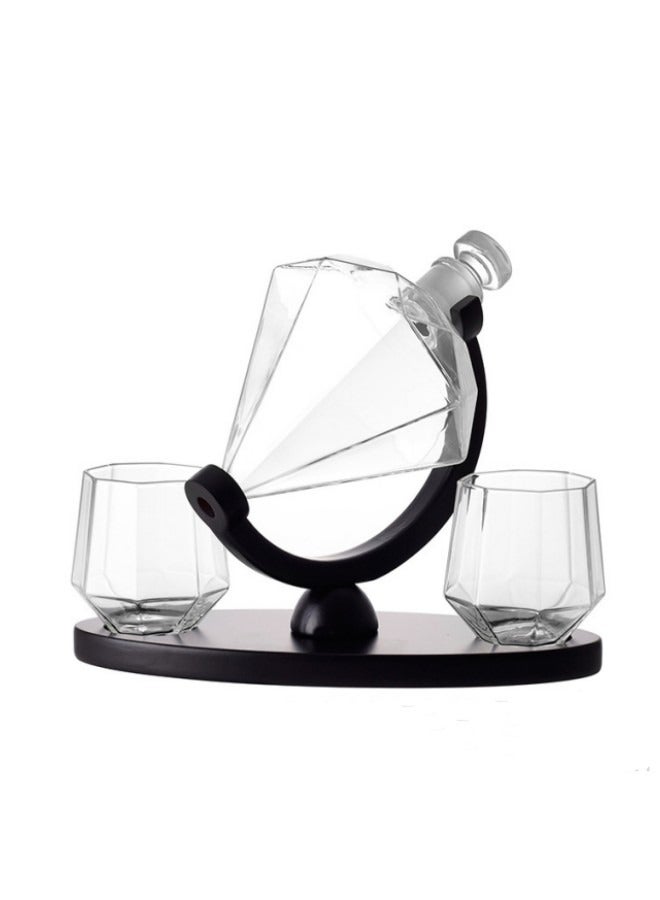 Whiskey Decanter Diamond Shaped With 2 Diamond Glasses & Wooden Holder,Classical Italian Crafted Crystal