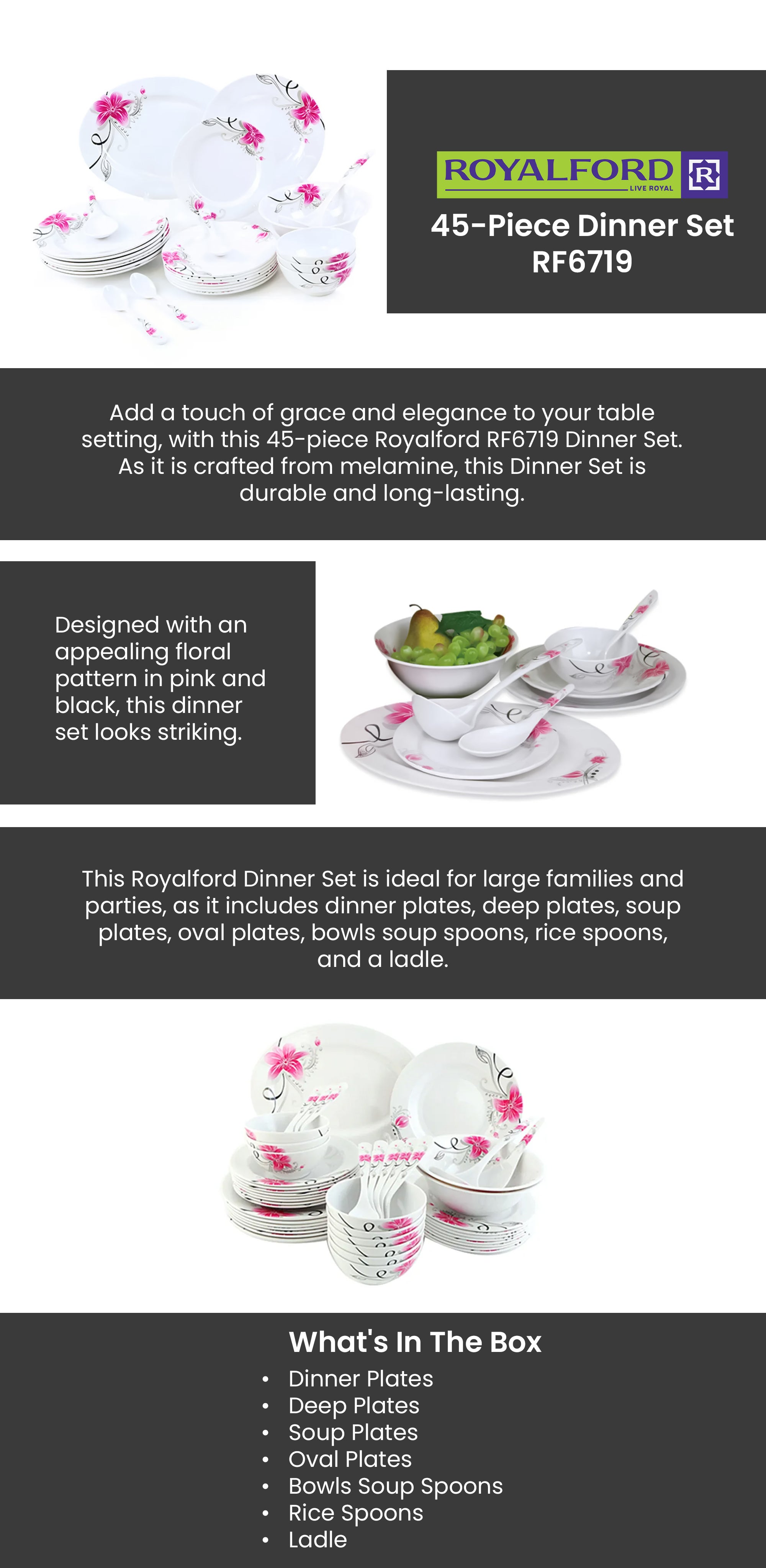 45-Piece Melamlne Dinner Set With 1X36Cm Oval Plate, 8X25Cm Deep Plates, 8X20Cm Soup Plates, 8X20Cm Dinner Plates, 2X20Cm Round Bowls, 8X13Cm Round Bowls, 8Xsoup Spoons, 1Xrice Spoon, 1Xladle, Serves 8 For Famlly Gatherings, Brown Floral White 44.5x28x28cm