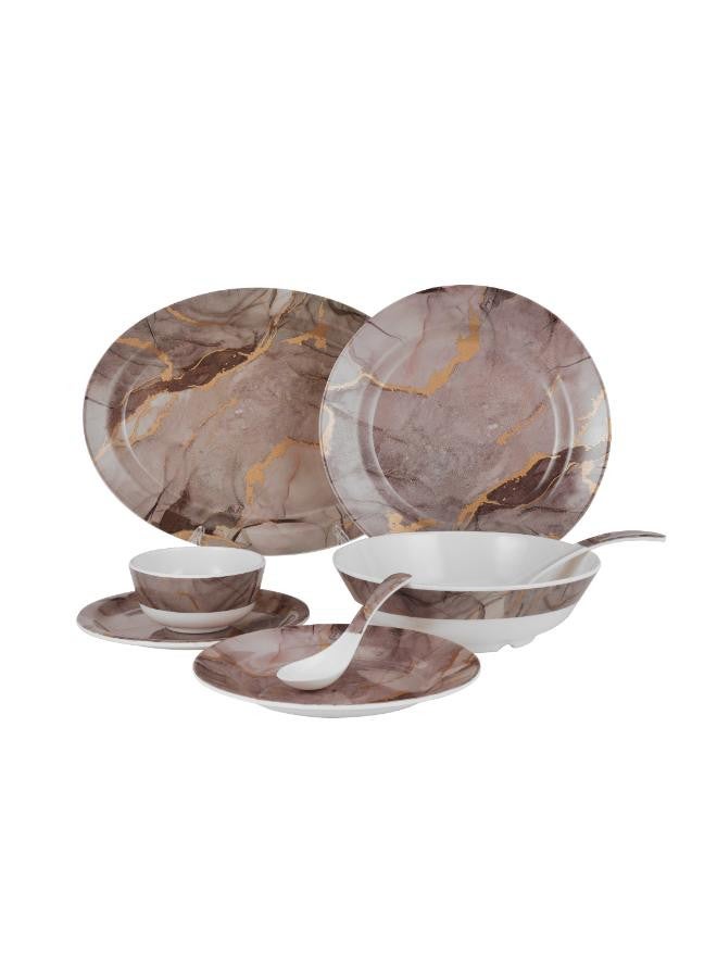 45-Piece Melamlne Dinner Set With 1X36Cm Oval Plate, 8X25Cm Deep Plates, 8X20Cm Soup Plates, 8X20Cm Dinner Plates, 2X20Cm Round Bowls, 8X13Cm Round Bowls, 8Xsoup Spoons, 1Xrice Spoon, 1Xladle, Serves 8 For Famlly Gatherings, Brown Floral White 44.5x28x28cm