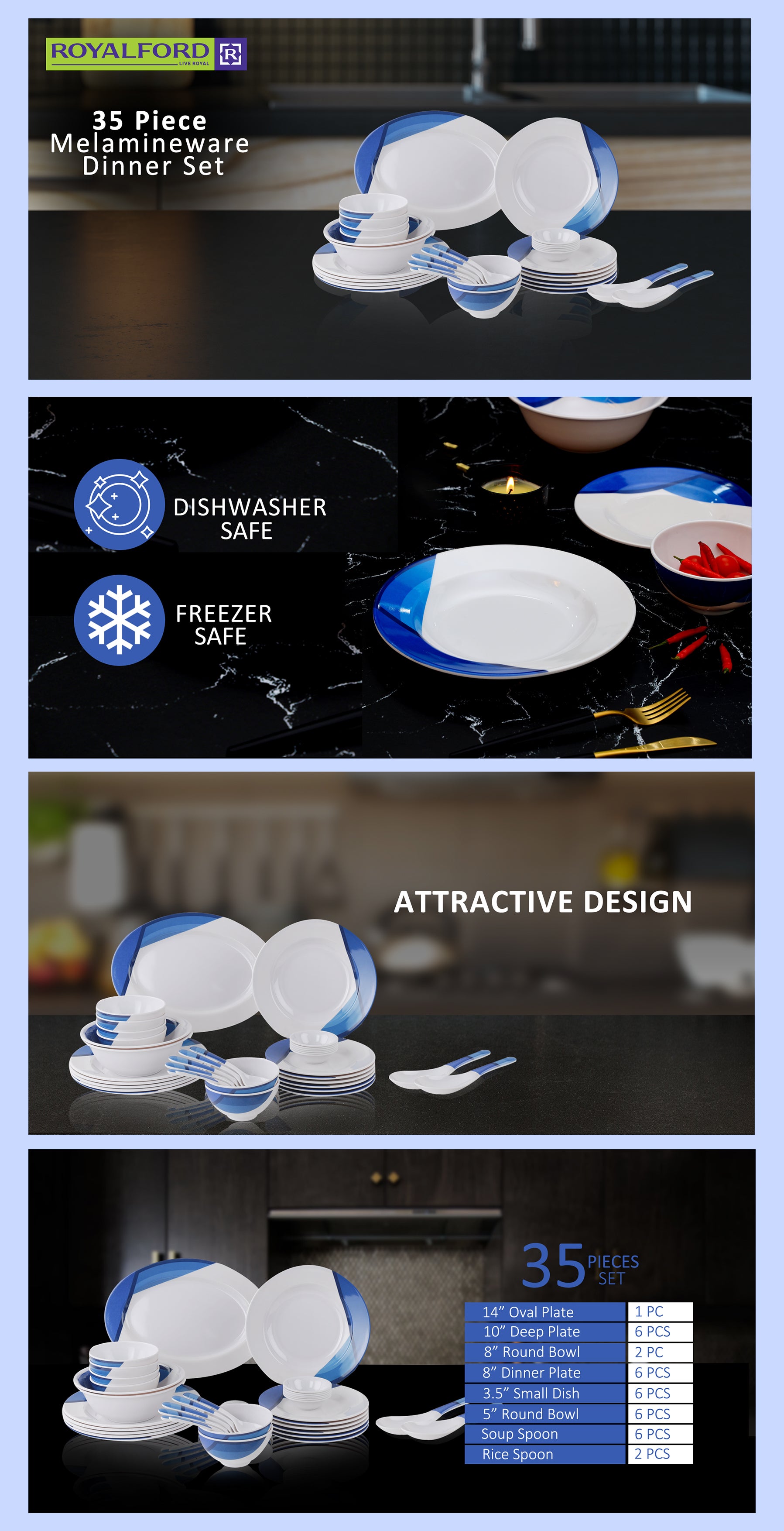 35 Piece Melamine Ware Dinner Set Break Resistant White 39.5x28x19.5cm